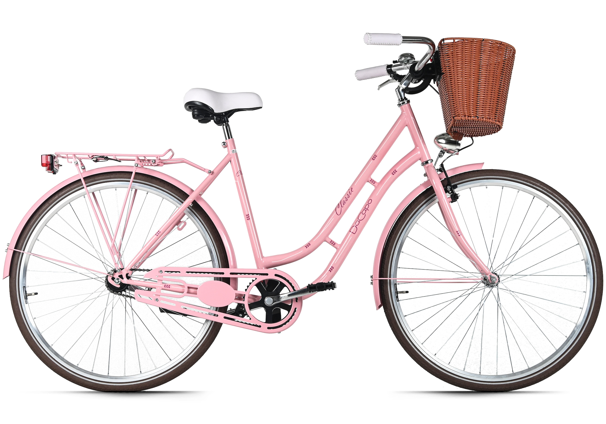 DACAPO Cityrad "Damenrad 28'' Classic Premium Rosa 1 Gang RH 53 cm mit Korb", 53cm, 28 Zoll (71,12cm) hinten: 28 Zoll (71,12cm)rosa, rosa, Fahrräder
