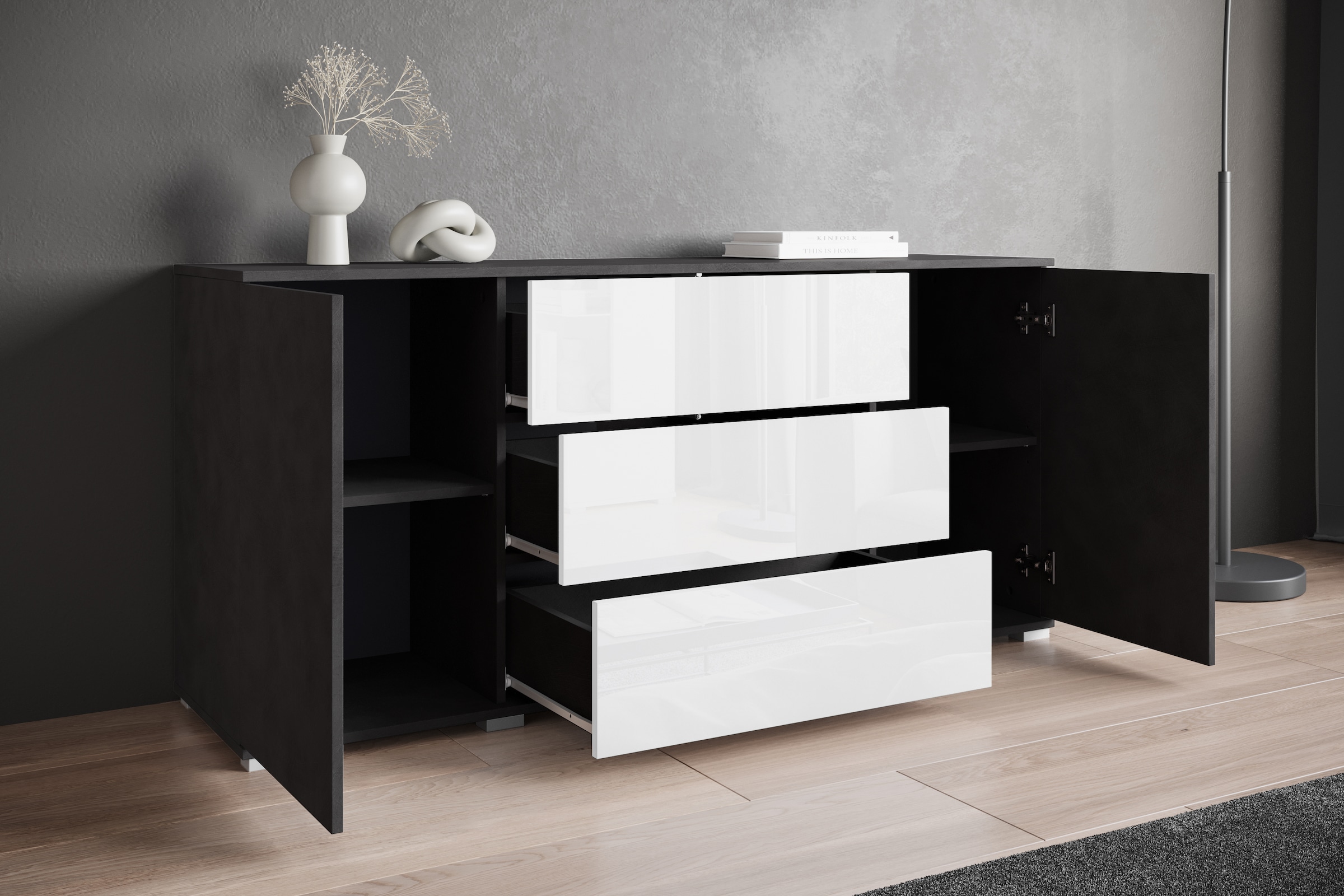 INOSIGN Sideboard »Kenia«, (1 St.), Modernes Sideboard mit 3 Schubladen und 4 Fächern, Breite 150 cm