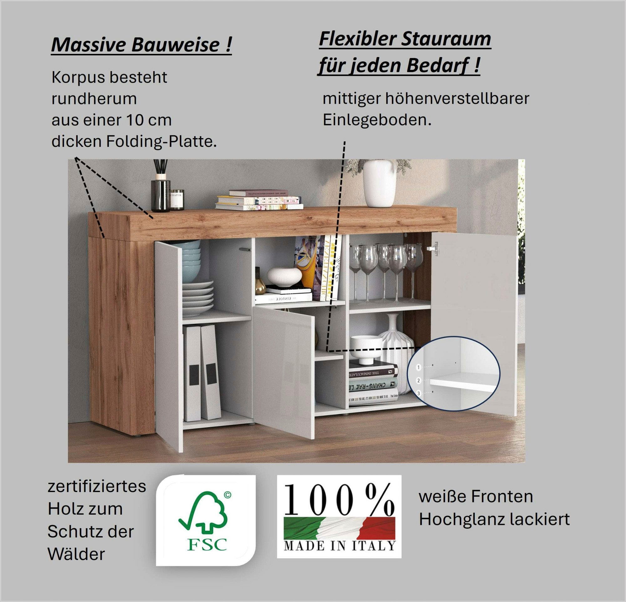 OTTO home Sideboard »CHRONOS Breite 155 cm mit 3 Türen, 1 offenes und 6 geschlossene Fächer« 1 Stk. tlg. Sideboard,Kommode, Schrank, Grifflos mit Push to Open, Made in Italy