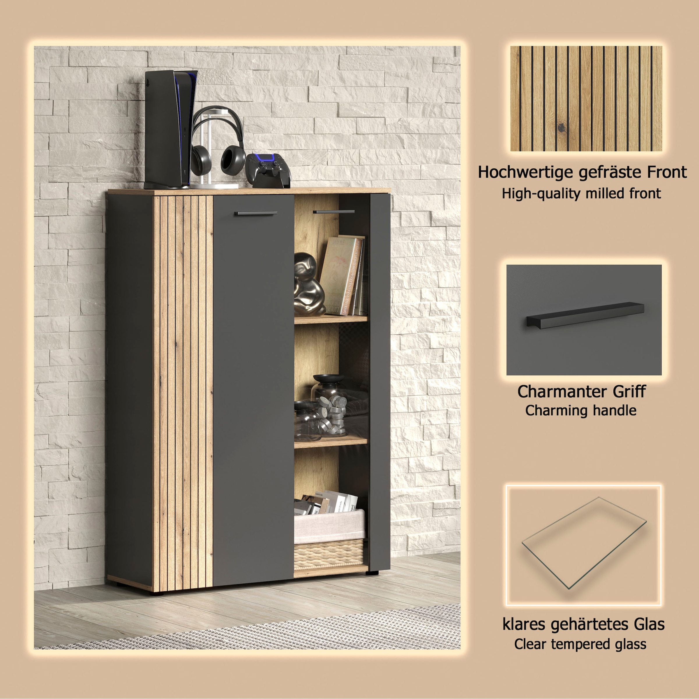 INOSIGN Highboard »Estepona« 1 Stk. tlg. Vitrine, Tür mit Rillen-Optik, Breite 91 cm