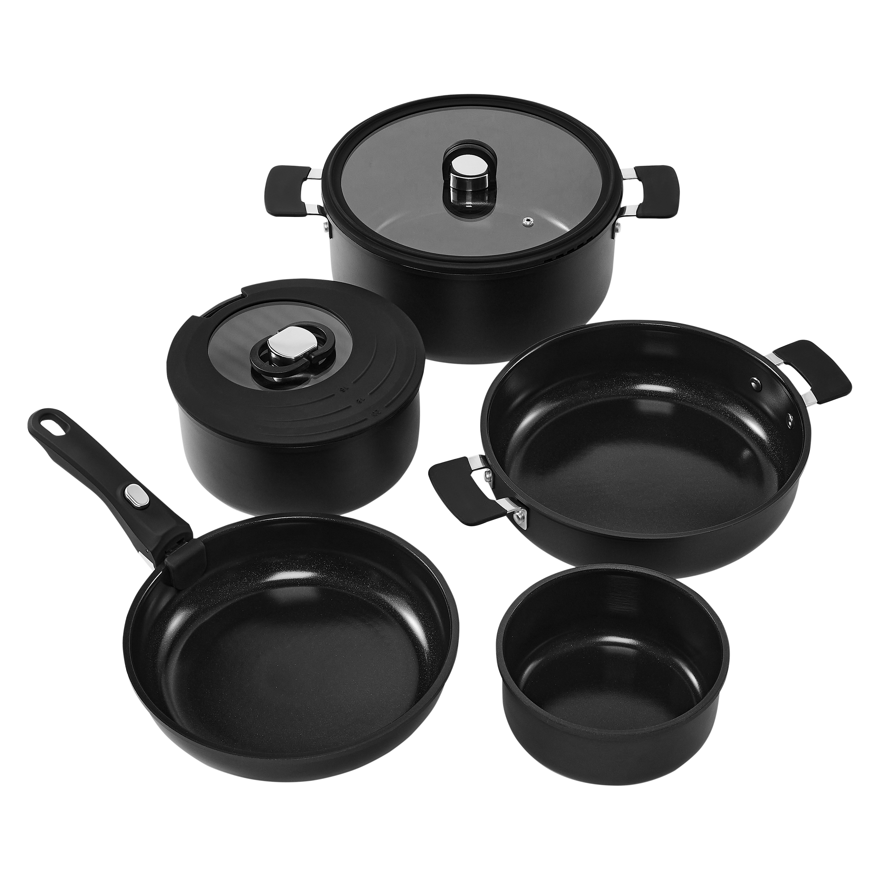 RESTO Kitchenware Topf-Set "SAVE & STOCK Multifunktionales Stapelbares Set im Geschenkkarton" Set, 1x Soßentopf, 2x Kochtopf, 2x Bratpfanne, 1x Griff, 2x Deckel, 8 tlg. Aluminium