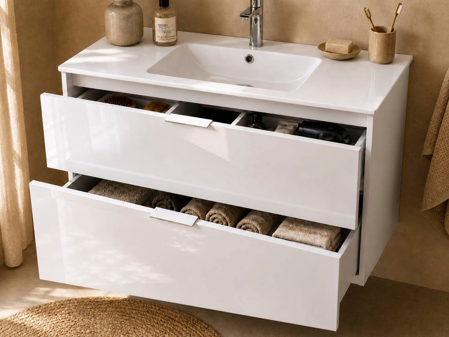welltime Waschtisch »VELA, 82,3 cm breit, Hochglanz-Schubladen, Made in Italy« 1 Stk. tlg. Waschtischunterschrank, inkl. Waschbecken, schräge Design-Schublade