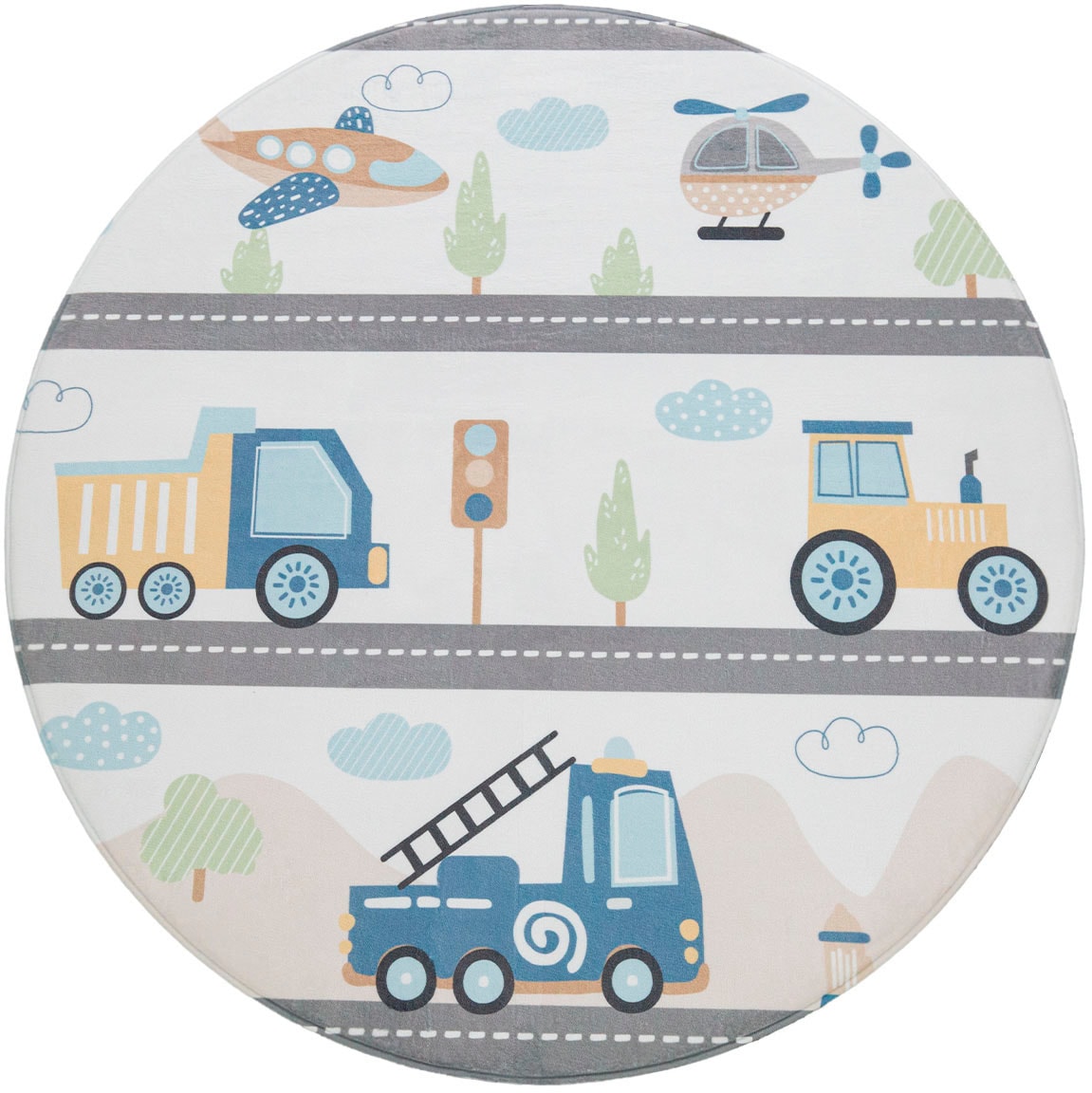 Kinderteppich PACO HOME, H:4mm Ø:120cm, bunt, Polyester, Teppiche, "Chicos 561", Flachgewebe, Spielteppich, Motiv Fahrzeuge, Kinderzimmer