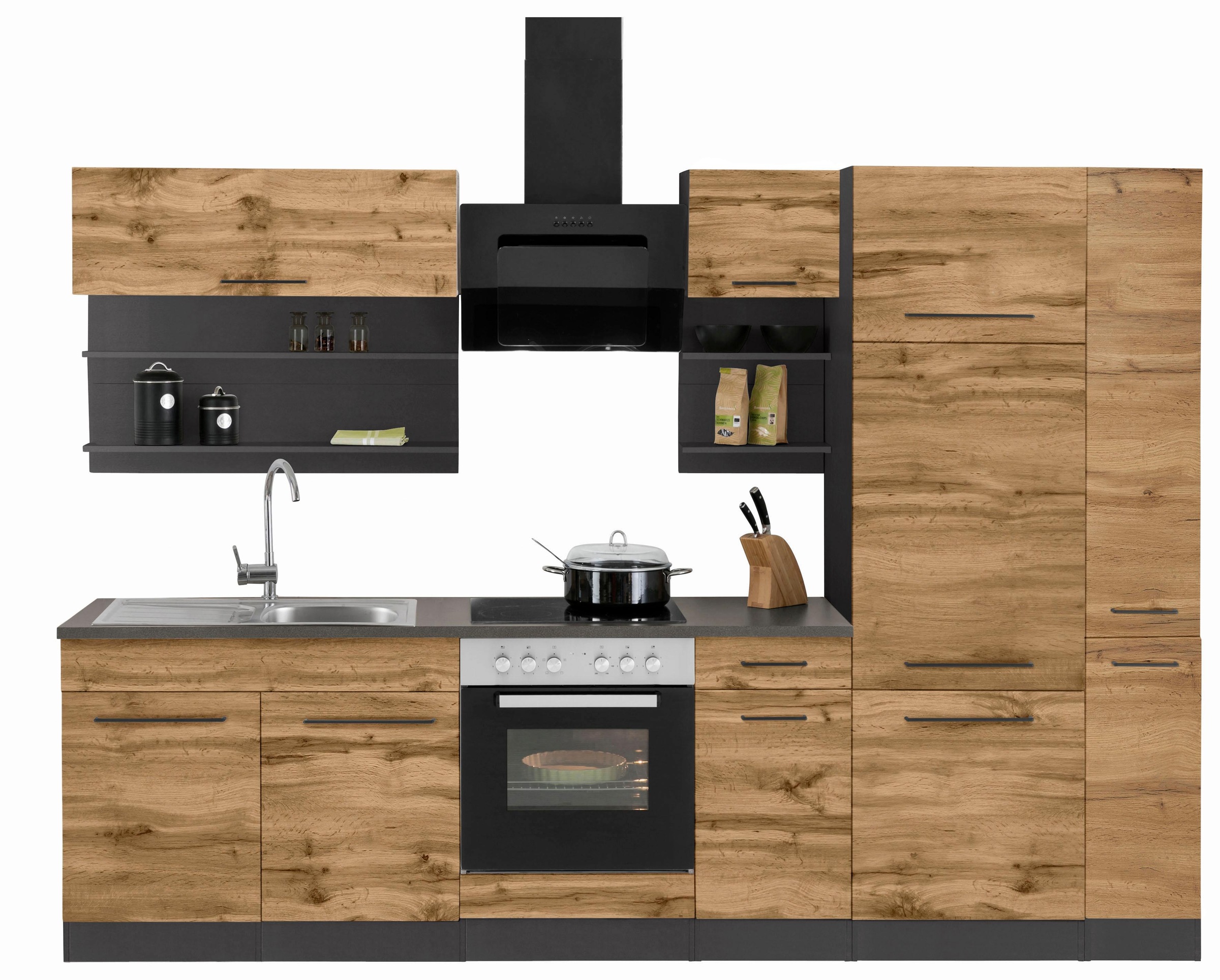 KOCHSTATION Küchenzeile »KS-Tulsa«, ohne E-Geräte, Breite 300 cm, schwarze Metallgriffe, MDF Fronten