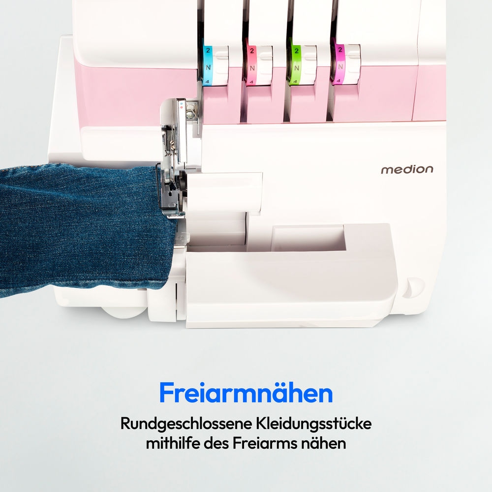 Medion® Overlock-Nähmaschine »MD 19169, Teleskopfadenführung, Zubehör- Fach,«, 4 Fäden gleichzeitig, Nähen mit 2 Nadeln, Einstellbare Fadenspannung