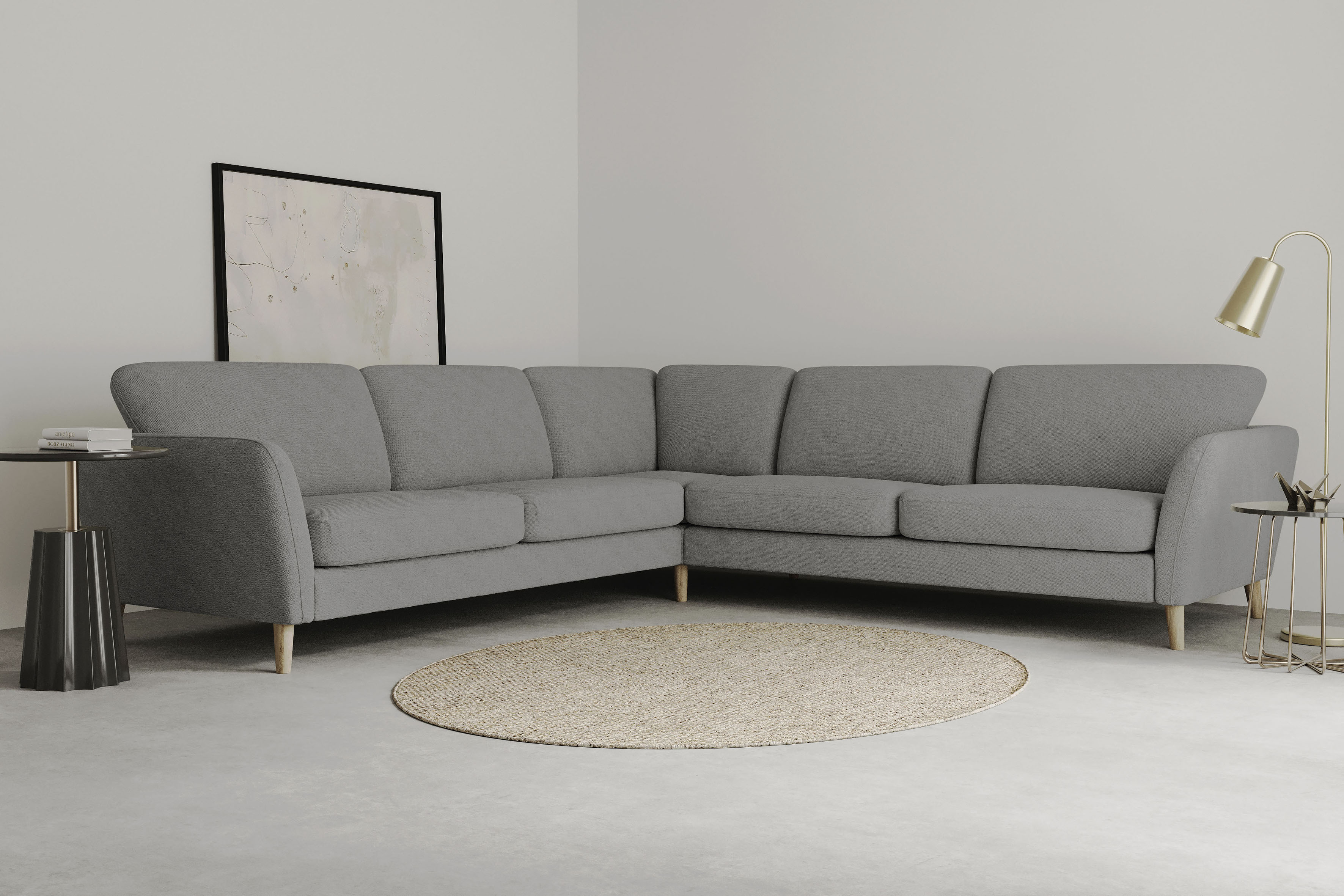 OTTO home Ecksofa "MARSEILLE 278/278 cm, L-Form, Webstoff, Flachgewebe, Filzoptik" gleichschenklig, Massivholzbeine, Landhausstil, Wellenunterfederung