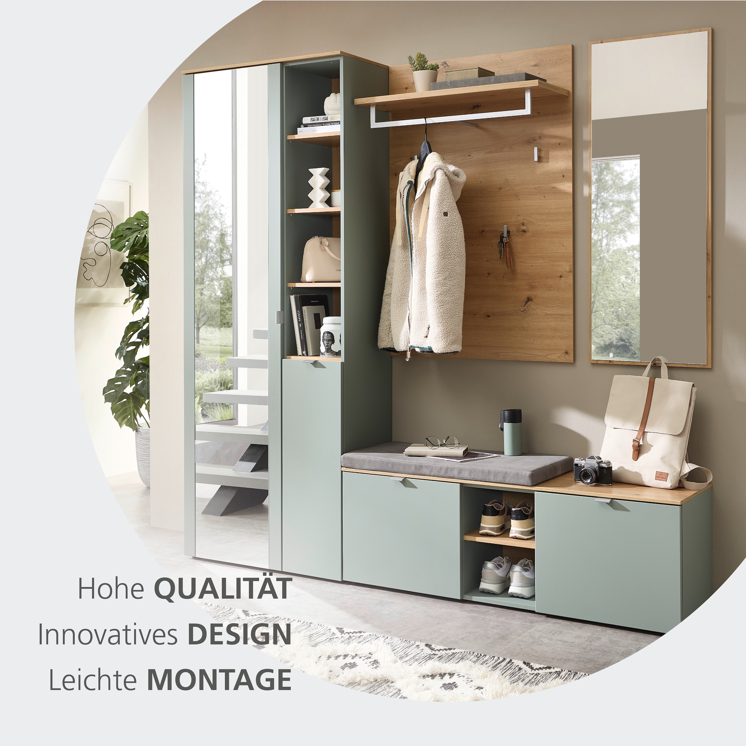 Innostyle Garderobenschrank »BARI Garderobenschrank mit Spiegel, BxHxT 78x202x38 cm«, (1 St.), 2 türig, 10 Fächer, Softclose, ABS Kantenschutz, Kleiderstange