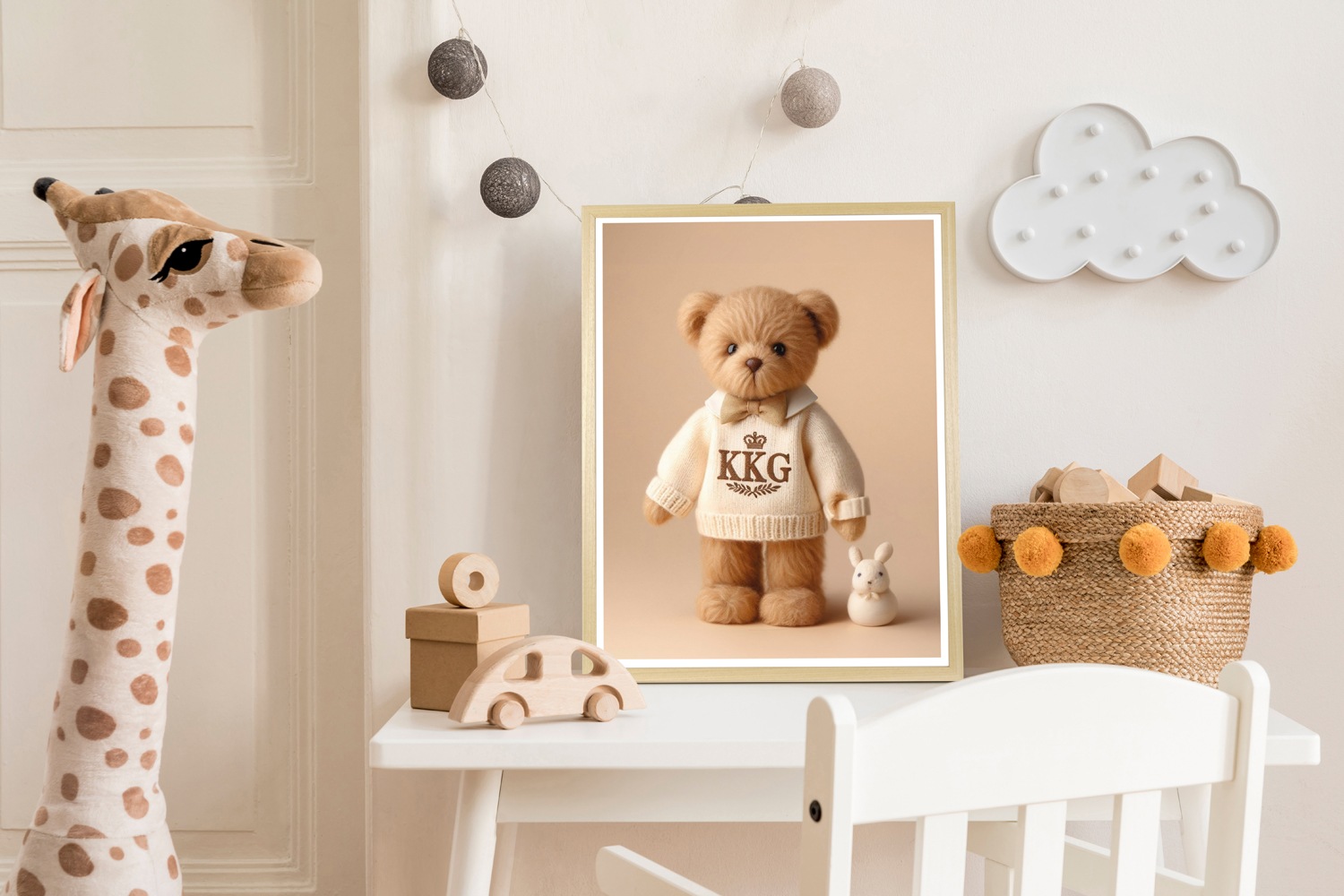 Bild mit Rahmen QUEENCE "Vintage Polo Teddy Bär Mädchen mit Schleife", farbe rahmen: beige, farbe bild(er): beige, B:30cm H:40cm T:1,5cm, Acrylglas, Holzrahmen, Bilder, HD Premium Poster-Druck inkl. Echtholzrahmen in beige 3