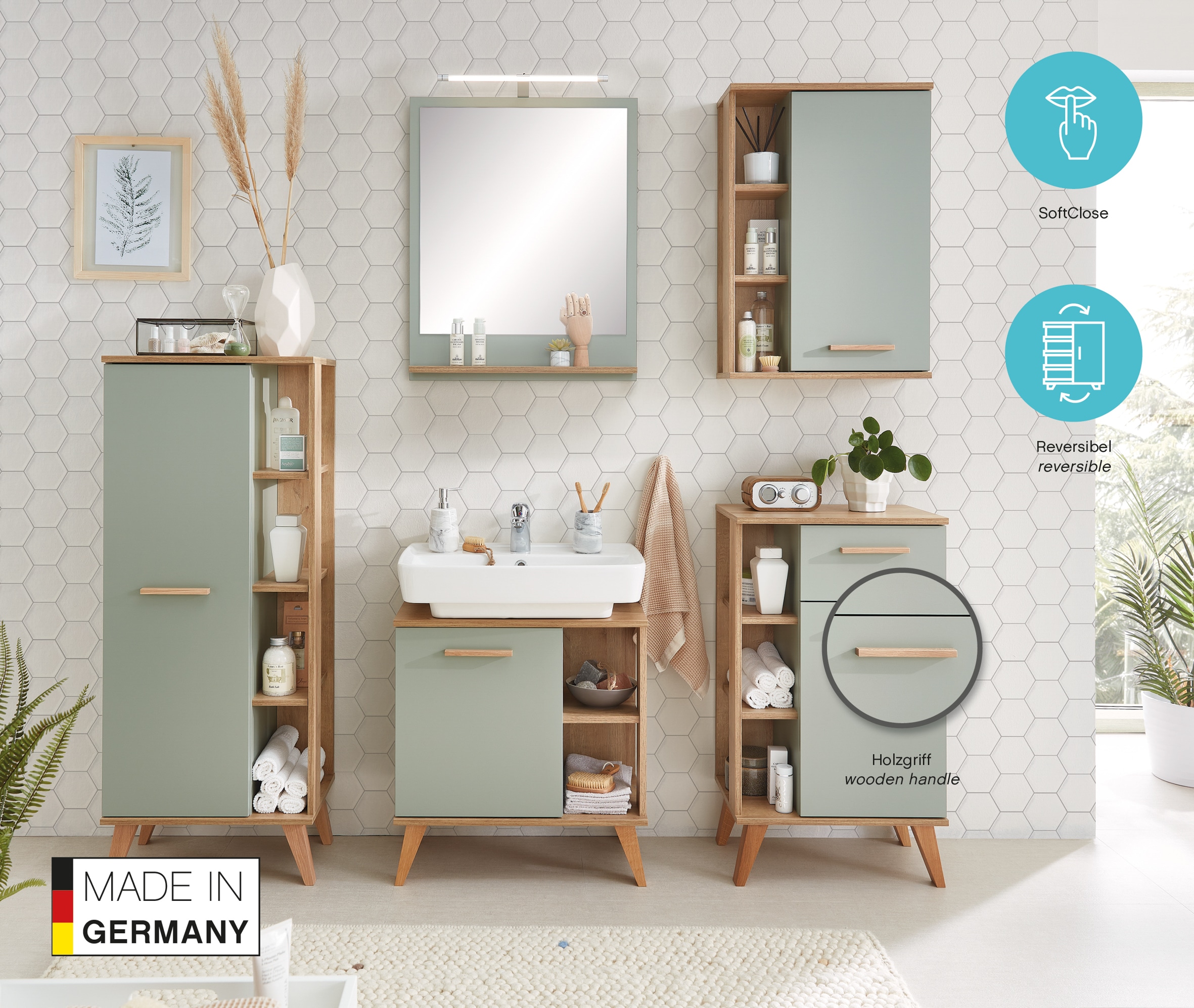 Saphir Midischrank »Quickset Badschrank 50,5 cm breit, 1 Tür, seitliche Ablagen« Badezimmer-Midischrank inkl. Türdämpfer, Griffe in Holz