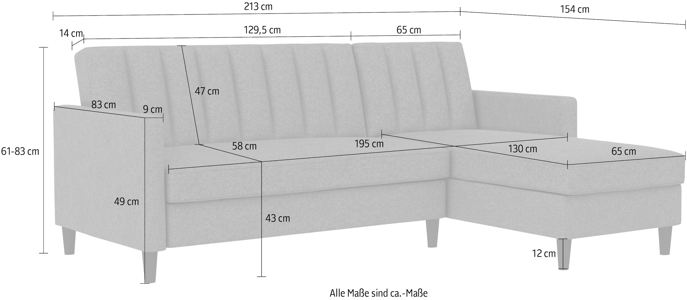 Dorel Home Ecksofa mit Schlafffunktion, Recamiere mit Stauraum beidseitig montierbar, Rückenlehne 2-teilig und 3-fach verstellbar