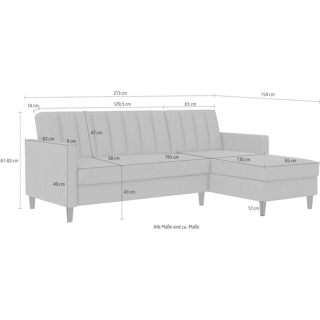 Dorel Home Ecksofa mit Schlafffunktion, Recamiere mit Stauraum beidseitig montierbar, Rückenlehne 2-teilig und 3-fach verstellbar