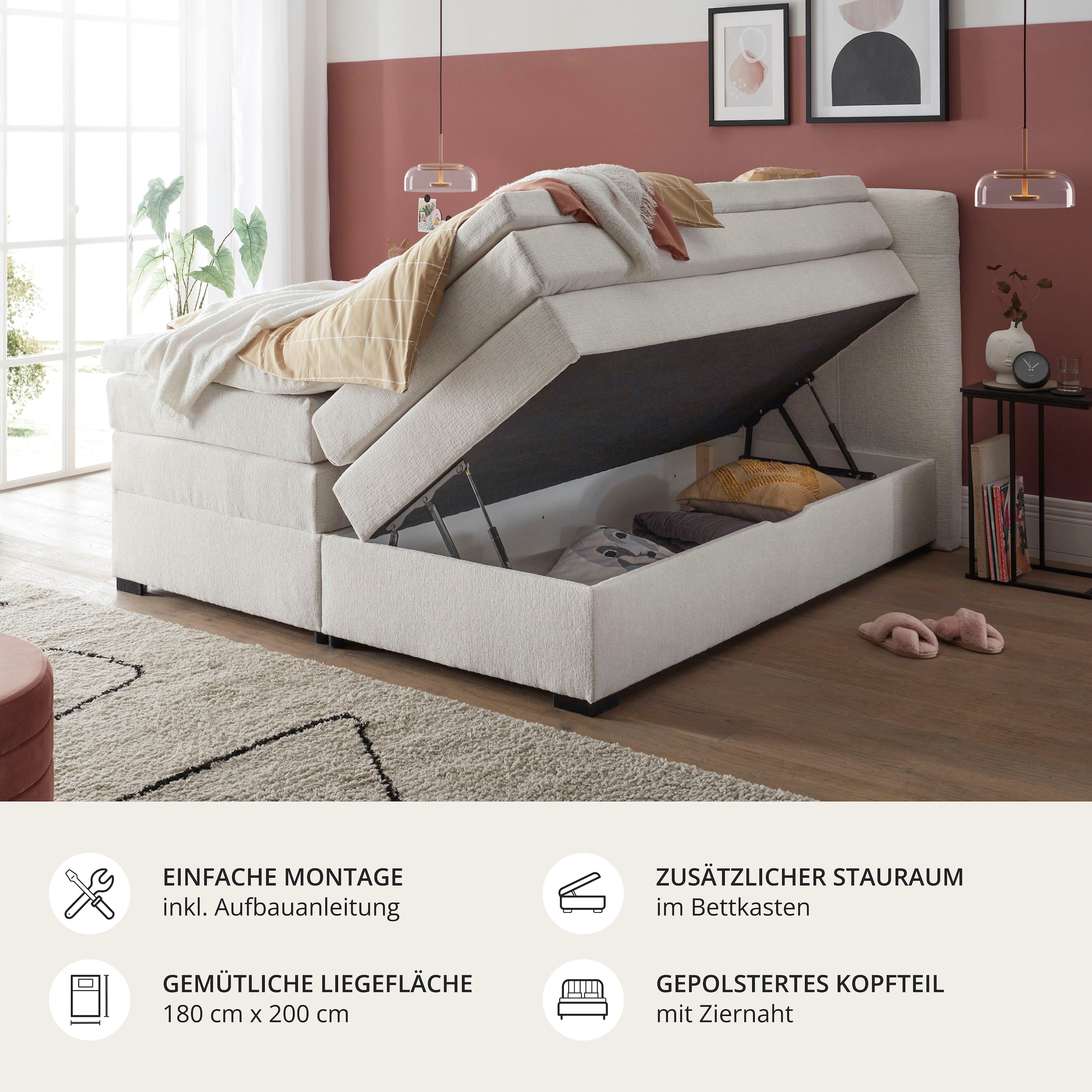 ED EXCITING DESIGN Boxspringbett »Fanes 3 Boxspringbett mit Bettkasten und Viscomix-Topper« 5 Stk. tlg. 7cm Viscomix-Topper, 2 Bettkästen, H3 Tonnentaschen-Federkern Matratze
