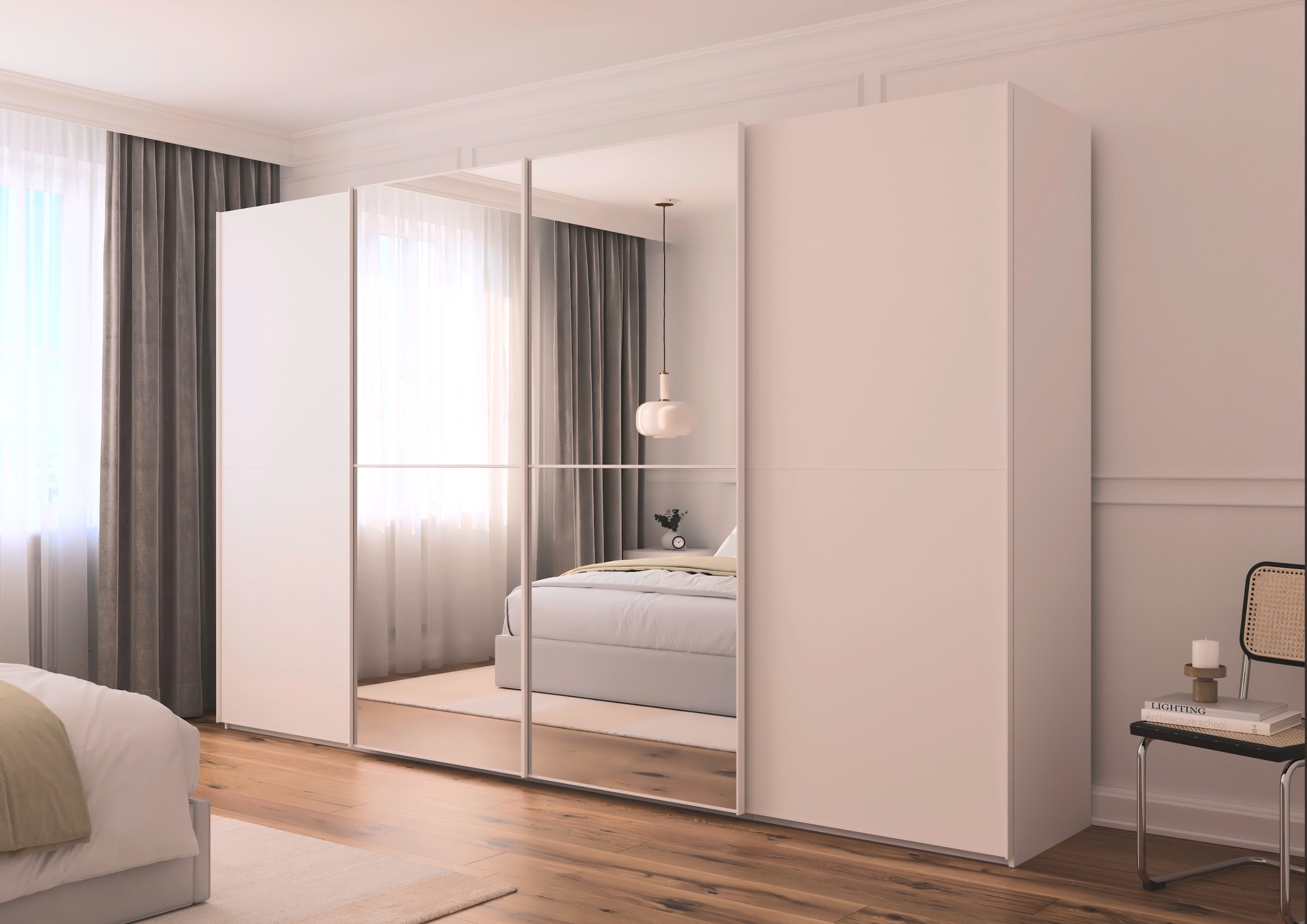 rauch Schwebetürenschrank »Kleiderschrank Schrank Garderobe Schlafzimmerschrank SCALE-DUO«, edle zweigeteilte Türen, Spiegel und 3 Zierleisten MADE IN GERMANY