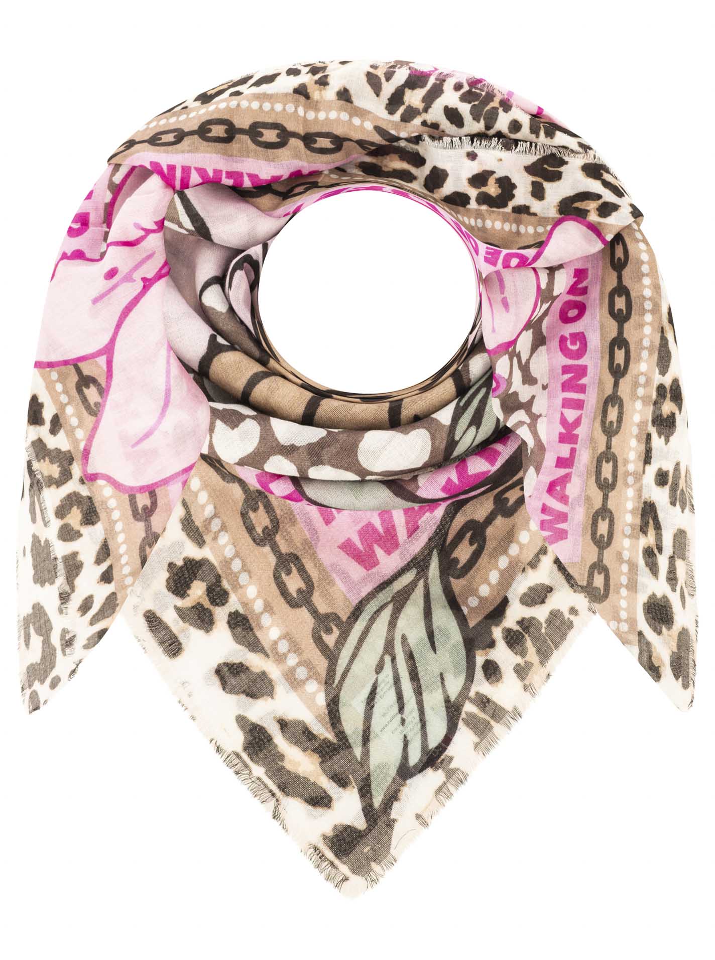 Zwillingsherz Modetuch ""Wild Side of Life"" Mustermix: Leopard und Blüten, Fransenabschlüsse rundum