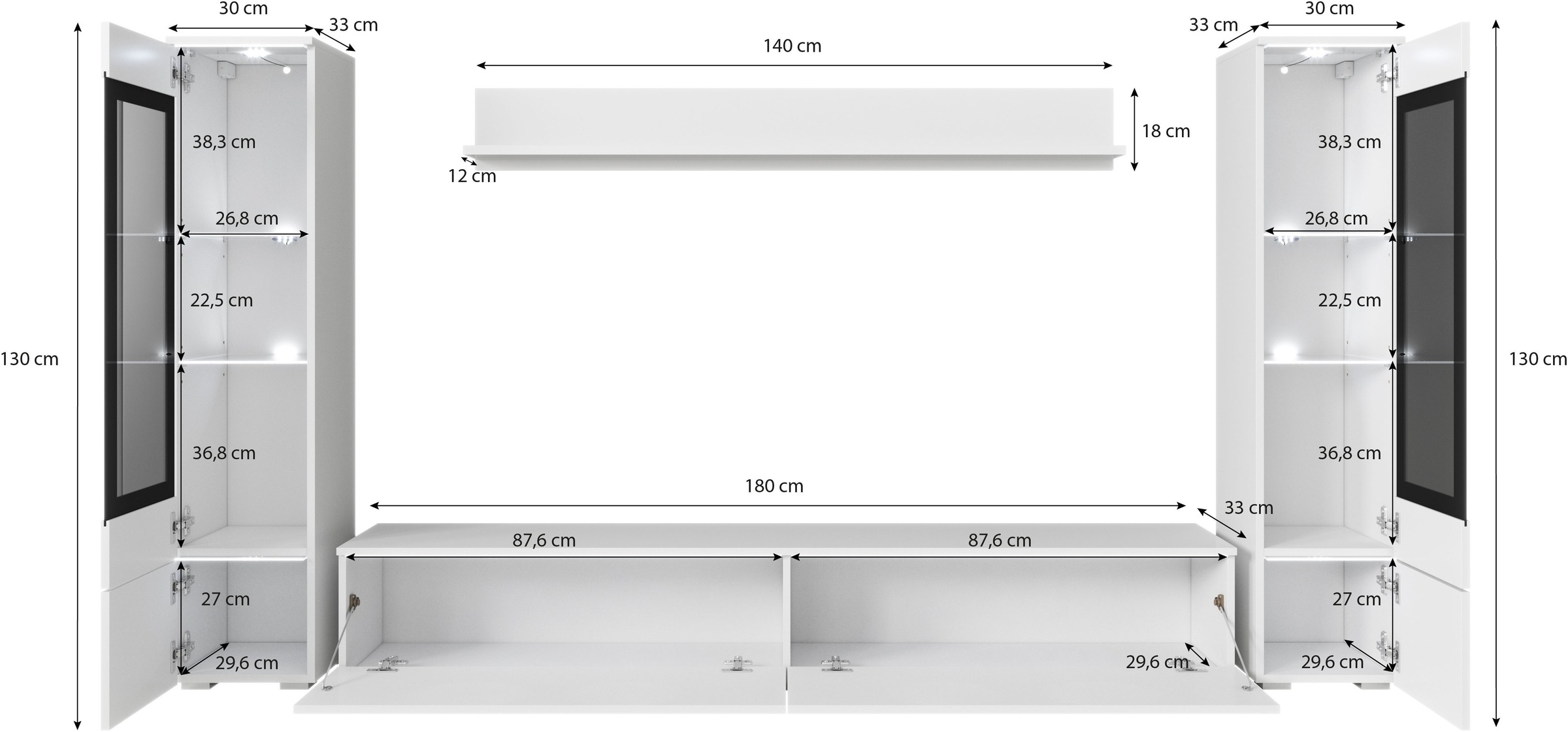 INOSIGN Wohnwand »VERA II, Vitrinen Türanschlag wechselbar«, (Komplett-Set, 4 St.), Mediawand 260 cm, Vitrine mit Verglasung, stehend und hängend