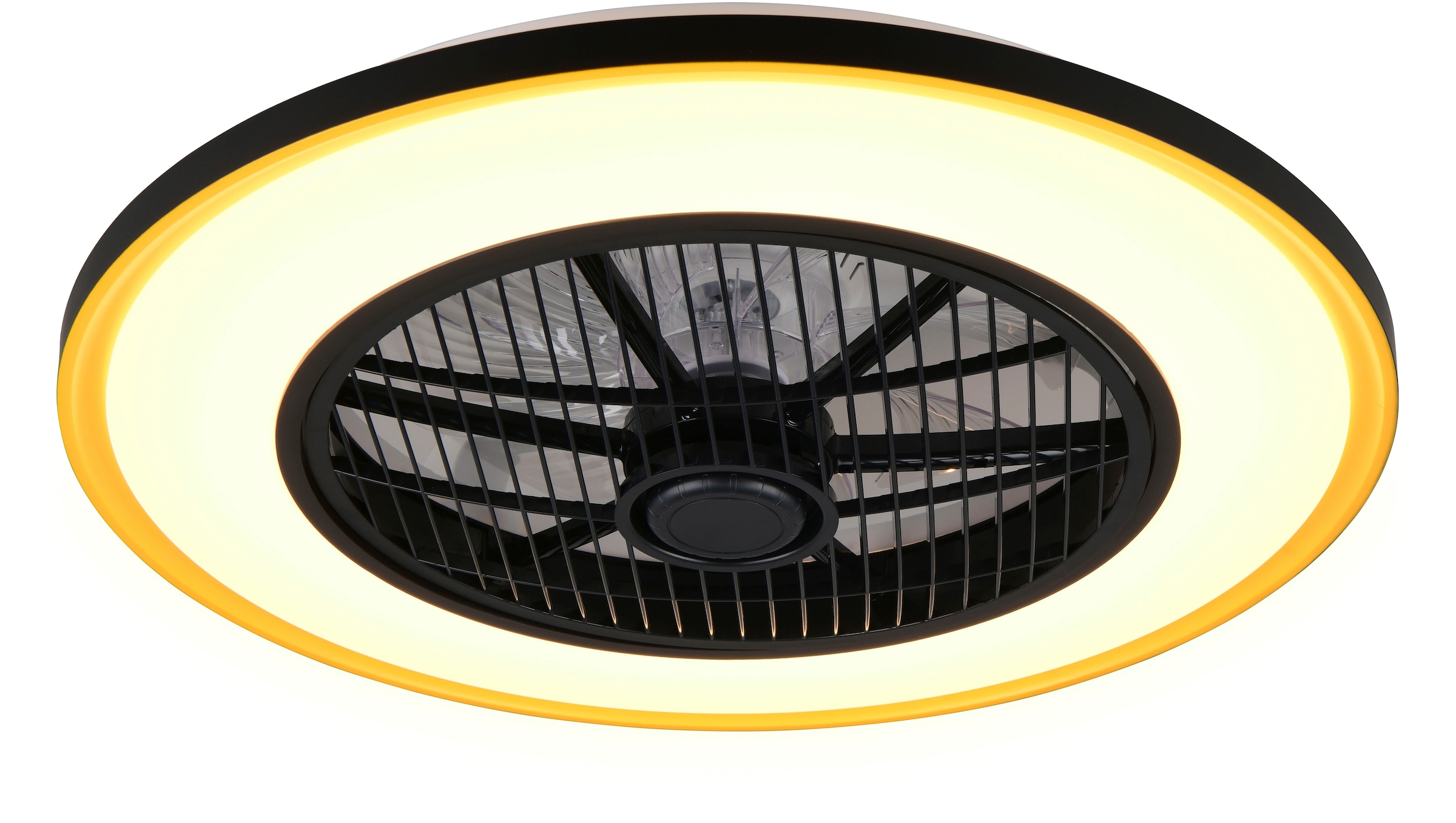 REALITY Leuchten LED Deckenleuchte »VARPULA mit Ventilator, oszillierender Deckenventilator +Licht 28W LED« LED-Board 1 Stk. Farbwechsler | warmweiß - kaltweiß 6 Stufen Ventilator, CCT LED dimmbar Fernbedienung Schirm schwarz-gold