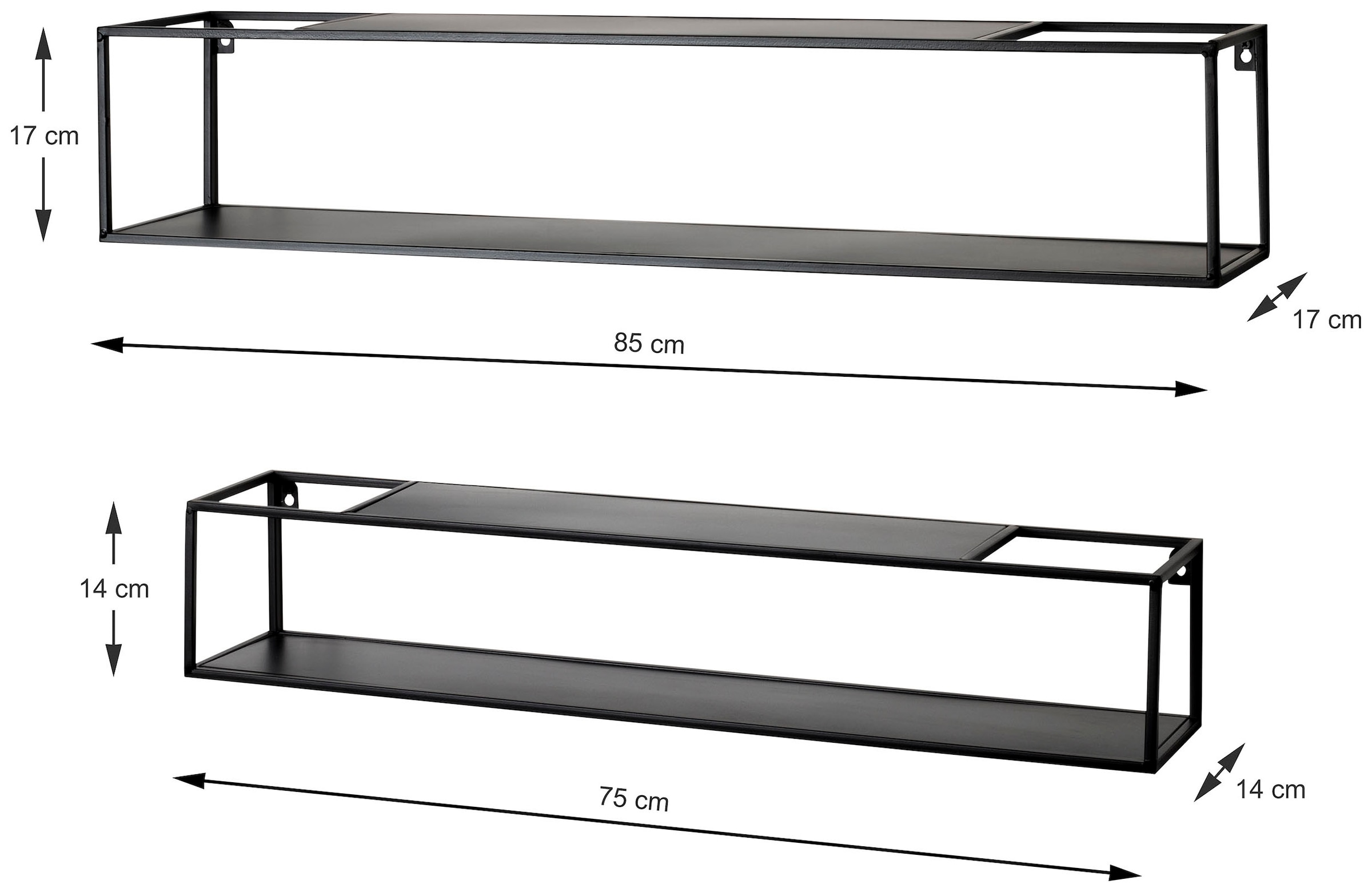 HAKU Wandregal »Hängeregal, Wandboard« Set,  rechteckig - aus Metall Schwarz - B/T/H 75/14/14 und 85/17/17 cm