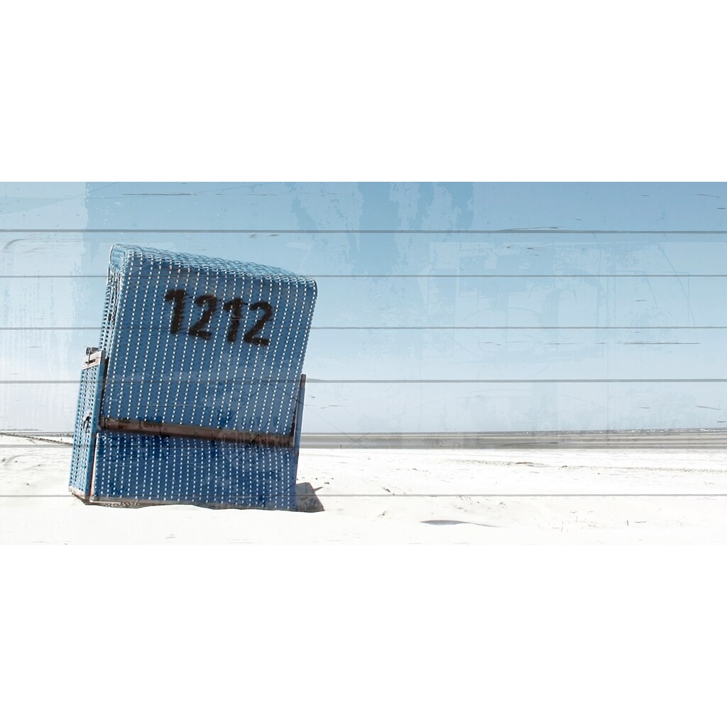 queence Holzbild »Blauer Strandkorb in Blauem Himmel«