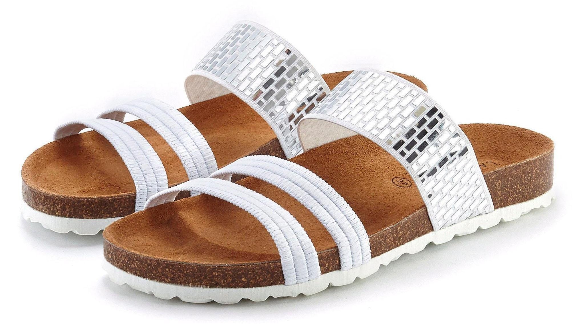 LASCANA Pantolette »Mule, Sandale, offener Schuh,«, mit Komfortkorkfußbett aus Leder und elastischen Riemchen