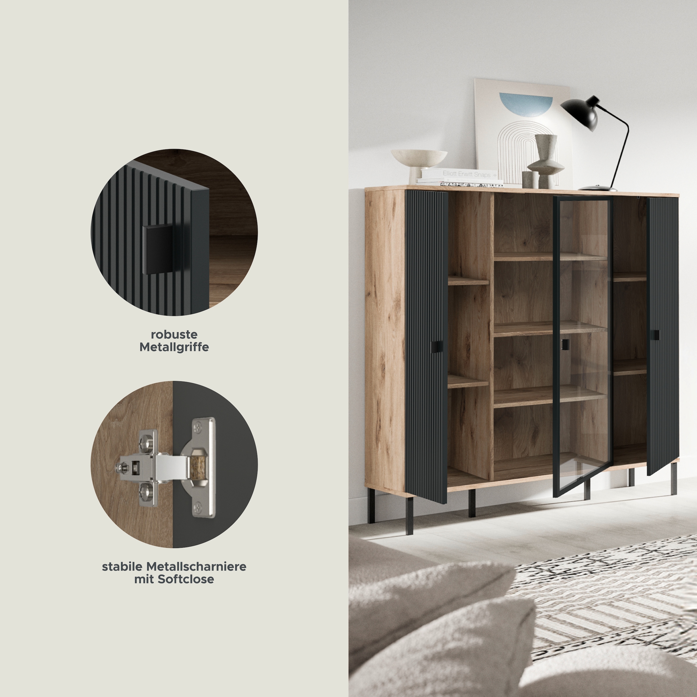 INOSIGN Highboard »TREVERK, Breite: 115 cm, hochwertige MDF-Front schwarz tiefzieh« 1 Stk. tlg. Highboard, Wohnzimmer, Esszimmer