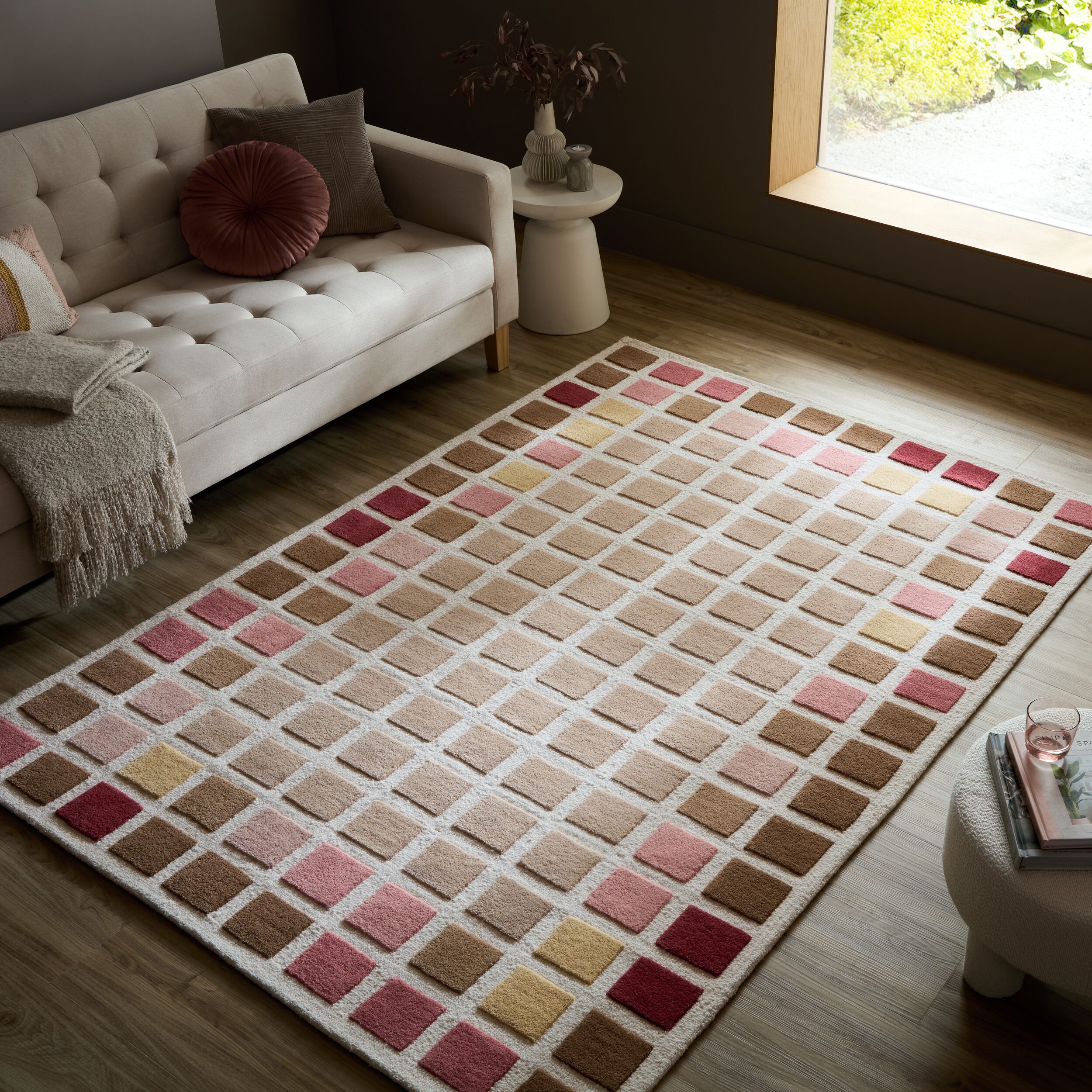 FLAIR RUGS Wollteppich "RENGA" rechteckig 10 mm Höhe 100% Wolle, Modernes Karomuster mit 3D-Effekt
