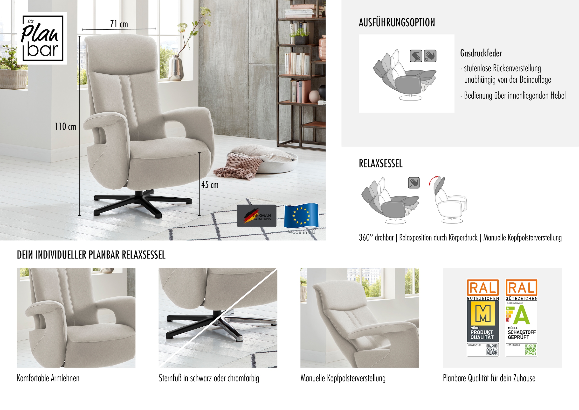 Die PlanBar Relaxsessel »MP-RS18073« 360° drehbar, inkl. man. Kopfpolsterverstellung u. Relax-Funktion