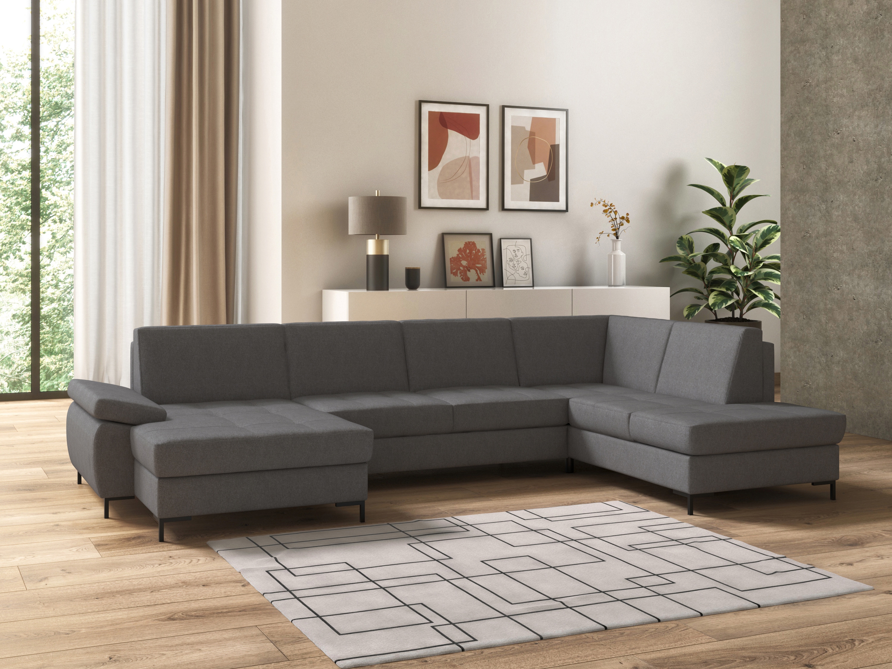 DOMO collection Wohnlandschaft "Capelo, komfortabel, klare Linien zeichnen dieses Design aus, U-Form" mit Armteilverstellung, wahlweise mit Bettfunktion, Federkern