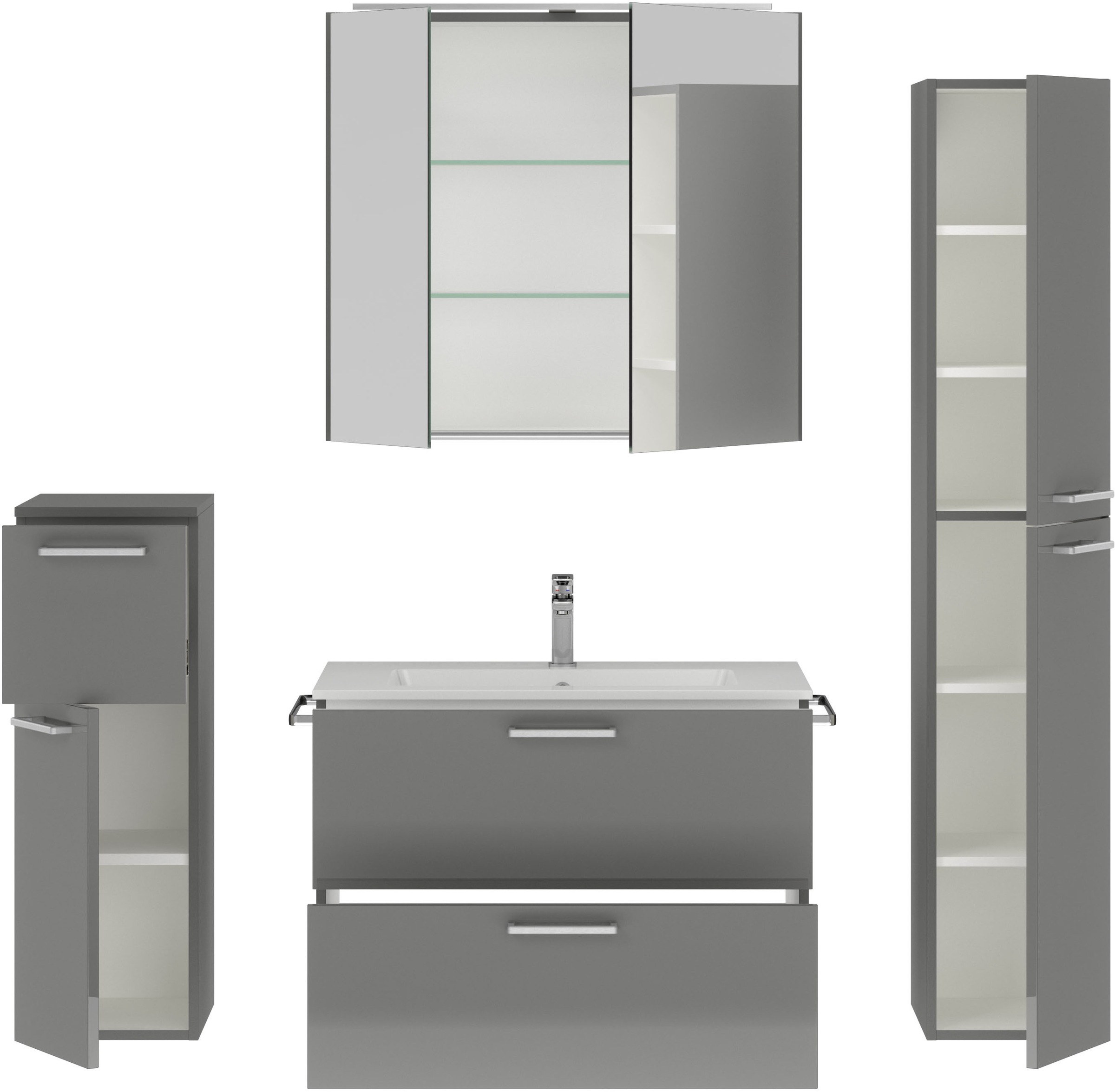 nobilia® Badmöbel-Set »Tolvina«, (4 St., vormontiert, mit Soft-Close), inkl. Spiegelschrank mit Beleuchtung und Dimmerfunktion, in 4 Breiten