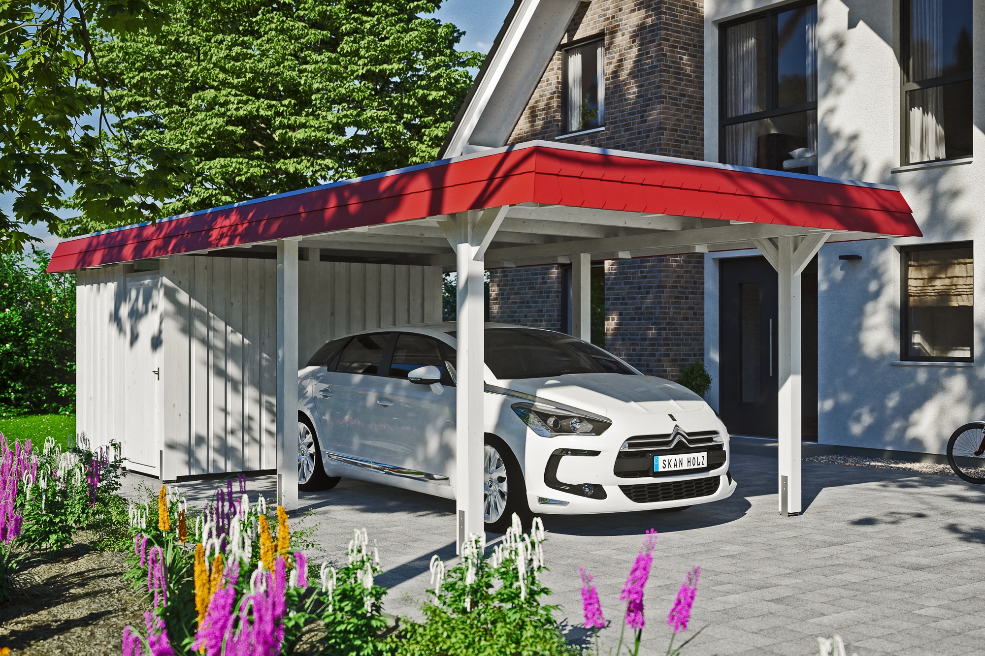 Skanholz Einzelcarport »Wendland«, Leimholz-Fichte, 291 cm, Weiß, mit Abstellraum mit EPDM-Dach, rote Blende