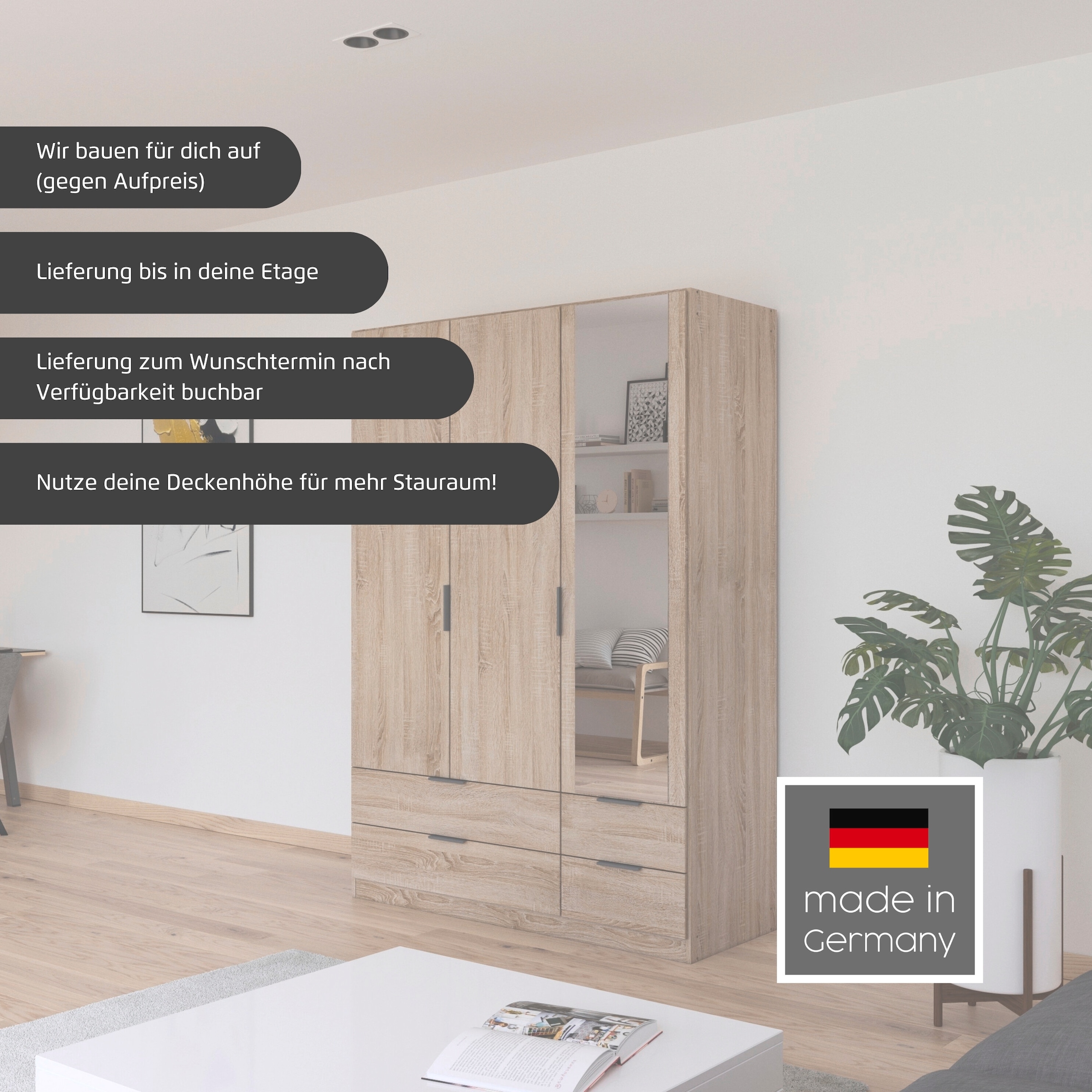 rauch Kleiderschrank »Drehtürenschrank Schrank Garderobe Ankleide Schlafzimmer LAGOA« in 3 verschiedenen Ausstattungen BASIC/CLASSIC/PREMIUM,  mit geräumigen Schubladen, optional mit Aufsatz MADE IN GERMANY