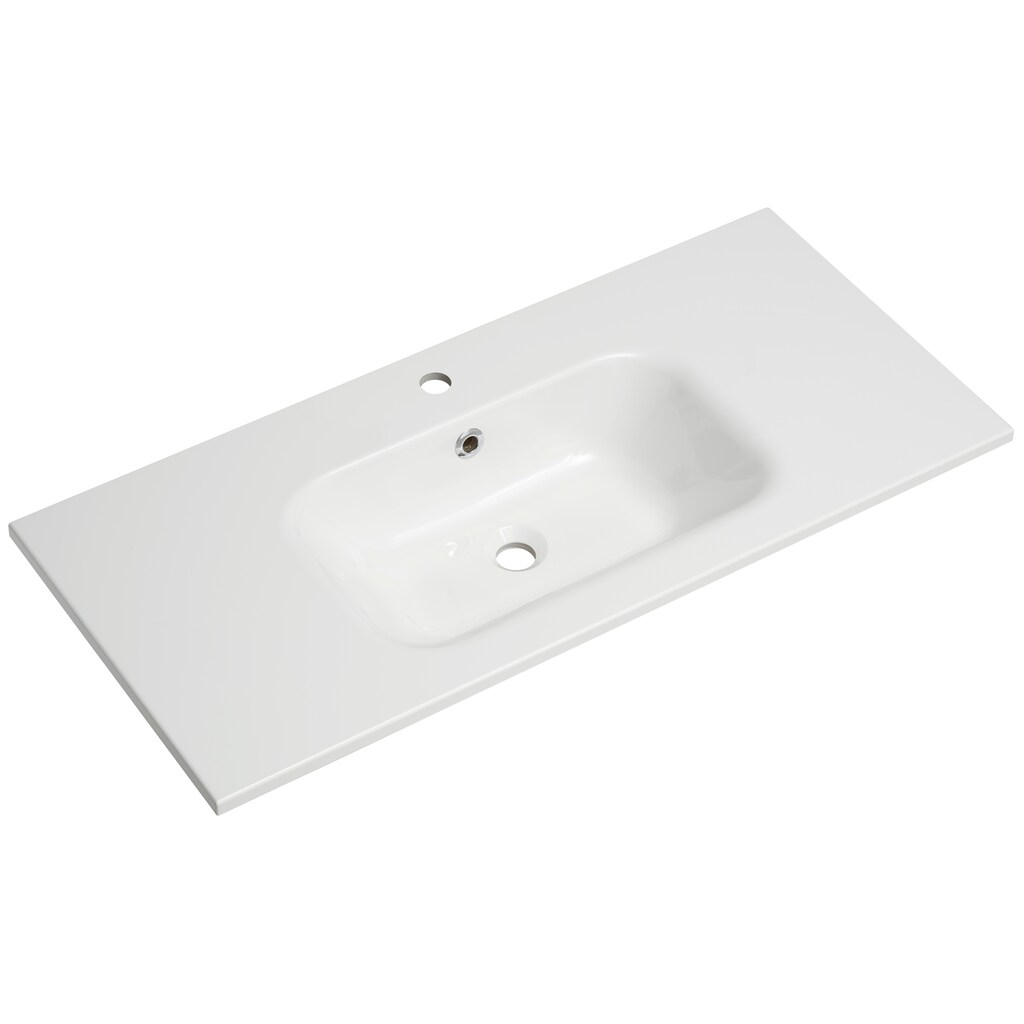 Saphir Badmöbel-Set »Quickset 362 3-teilig, Mineralmarmor-Waschtisch und LED-Spiegelschrank«, (Set, 3 St.), Weiß Hochglanz, Riviera Eiche quer Nachbildung, 6 Türen, 1 Schublade