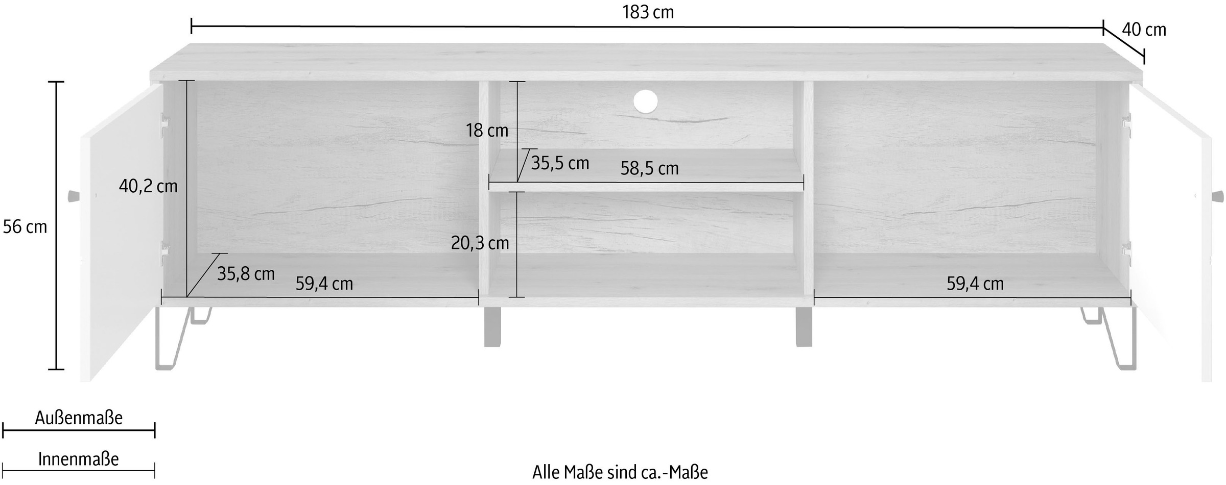 Home affaire Lowboard »Tarragona TV-Kommode« TV-Unterteil mit 2 Türen & 2 Fächern - (B/T/H) 183/40/56 cm