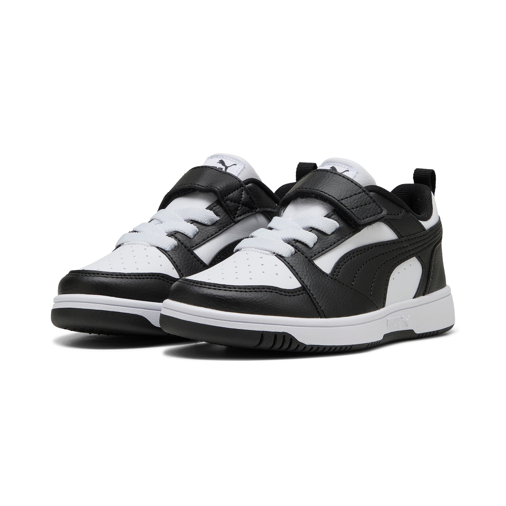 Sneaker PUMA "REBOUND V6 LO AC+ PS", Mädchen, Gr. 32, puma weiß, puma schwarz, Synthetik, Schuhe Sneaker, knöchelhoher Schnitt, mit Klettverschluss, mit Gummilaufsohle
