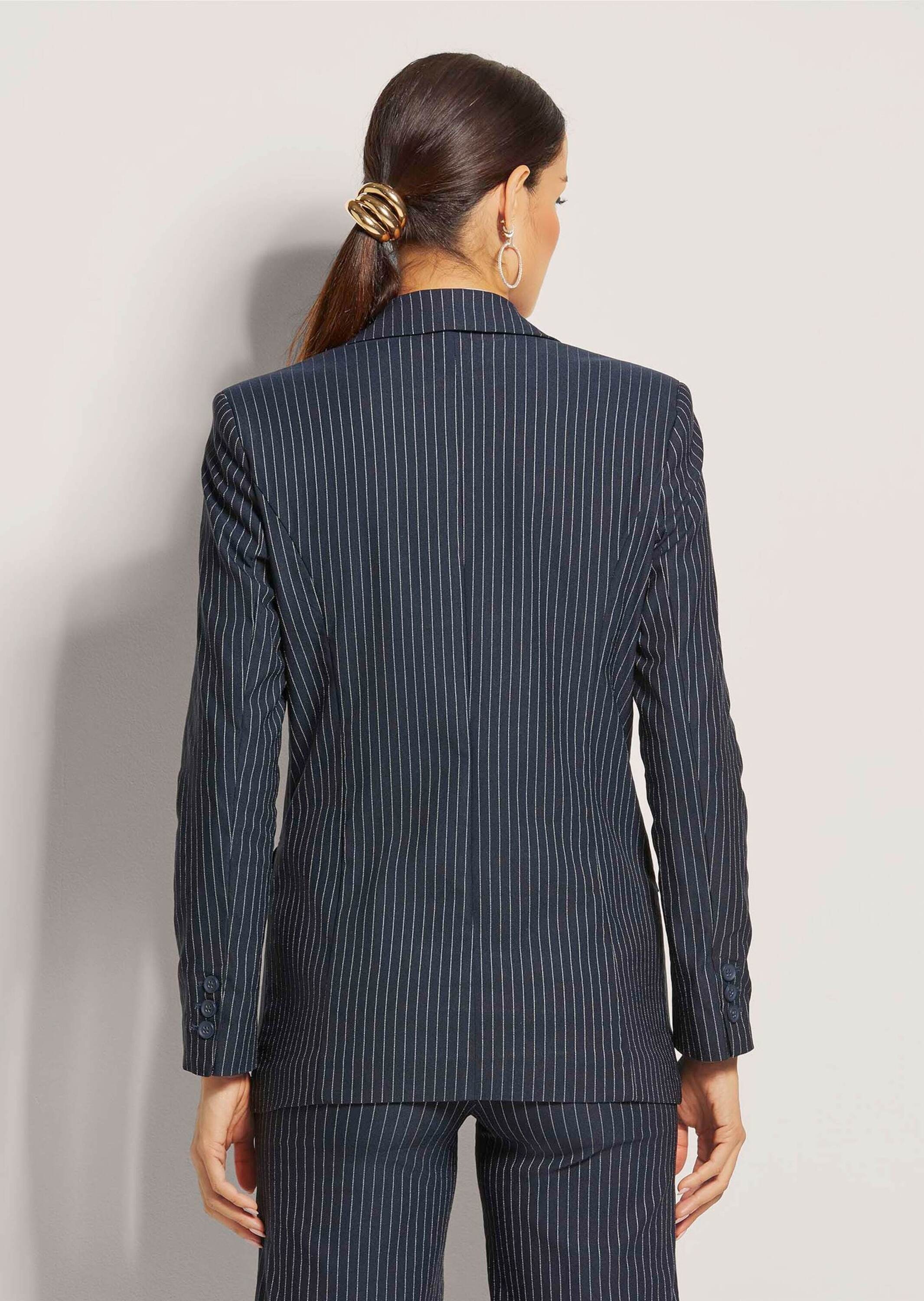 Longblazer MADELEINE "Blazer Langer, taillierter Blazer", Damen, Gr. 40, blau (marine, weiß), Obermaterial: 70% Viskose CV. 19% Polyamid PA. 8% Polyester PES. 3% Elasthan EL., Modern, normal, Blazer Longblazer 3