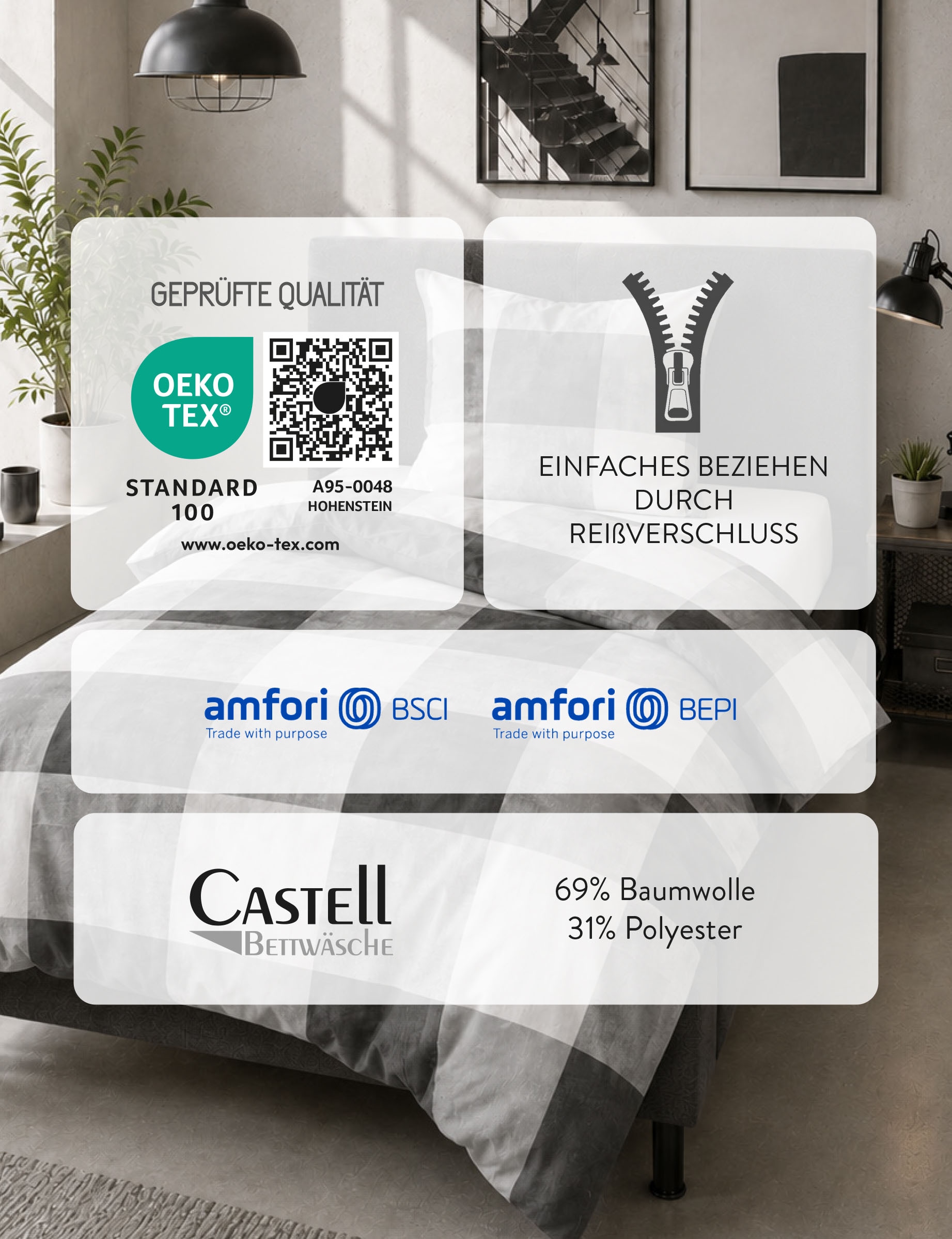 Castell - Markenbettwäsche Bettwäsche »0350384 Polycotton-Biber Bettwäsche 69% Baumwolle, 31% Polyester« 2 wärmend weich, Reißverschluss, Winterbettwäsche, Karo