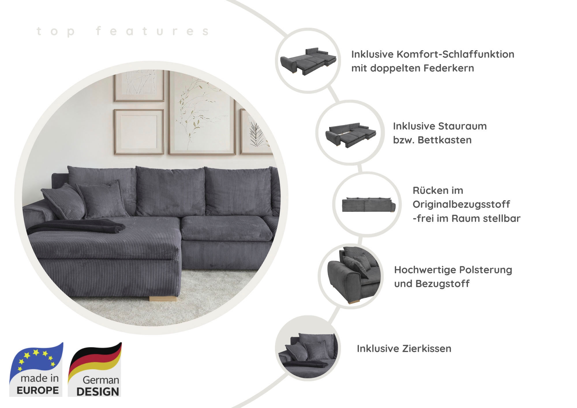Home affaire Ecksofa »Cara Mia«, Cord Bezug, inkl. Schlaffunktion und Stauraum