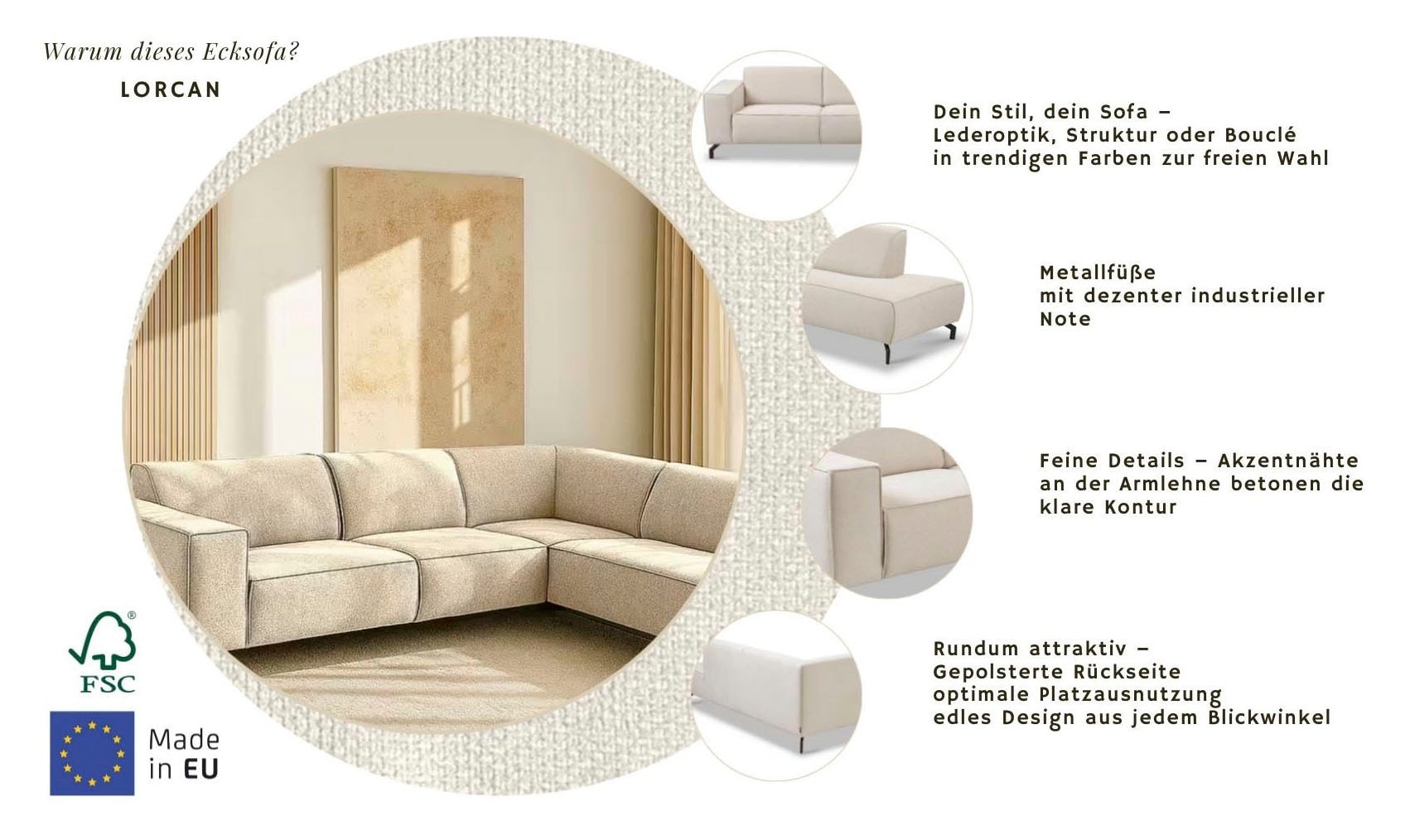 Home affaire Ecksofa »LORCAN mit Metallfüßen, Breite 275 cm, weiches Sitzgefühl« Metallfüße, Lederoptik, Struktur, Bouclé