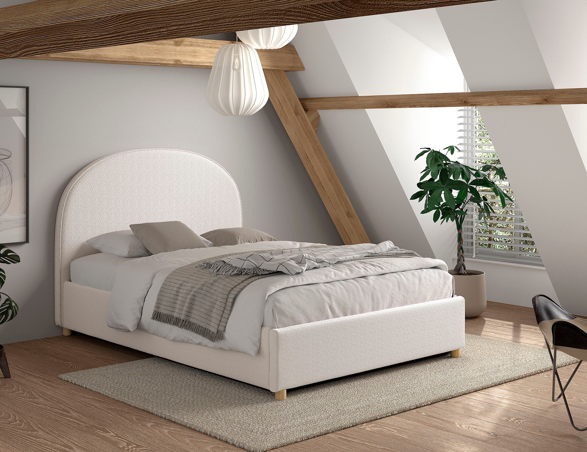 Vipack Boxbett »Moon, mit Lattenrost und Stauraum, modernes Design«, (gerundetes Kopfteil und in 2 Breiten erhältlich), inkl. Massivholz Füßen in natur, 3 Stoff Farben zur Auswahl