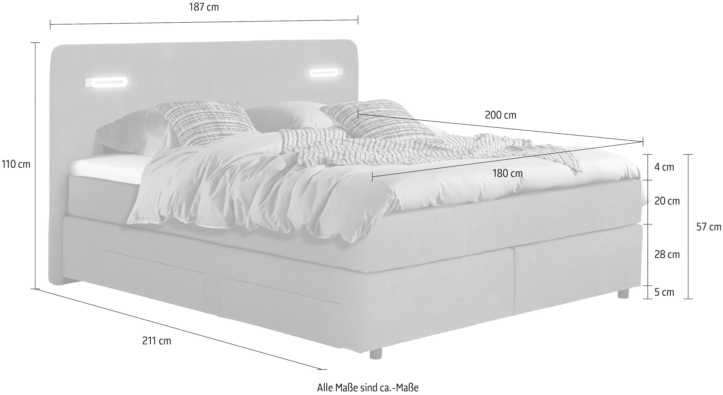 INOSIGN Boxbett »Luan«, Schubkästen, LED-Beleuchtung und Topper, in Breite 120 cm und 180 cm