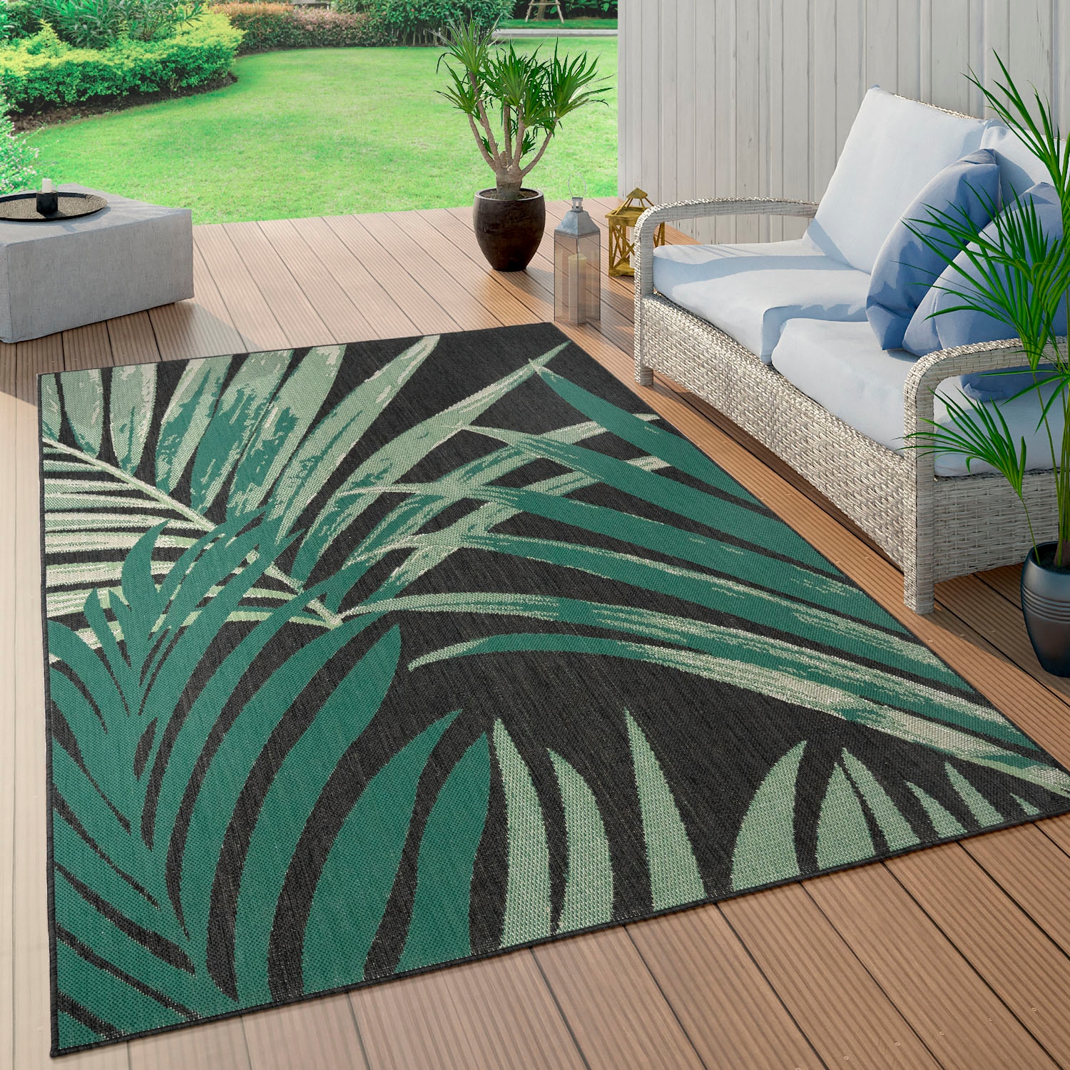 Paco Home Teppich »Ostende Palmenblätter, BAUR Wohnzimmer auf rechteckig, Motiv Flachgewebe, | Rechnung In- 552«, Outdoor und geeignet