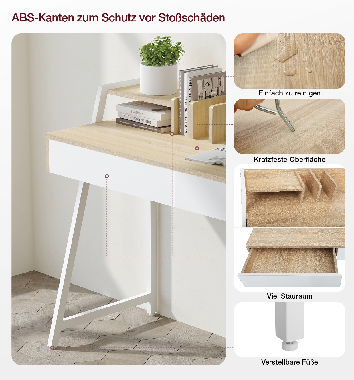 Home affaire Schreibtisch »Cowell«, (Breite 124 cm), 2 Schubladen, Ablage & integrierte Buchstützen, Metallgestell