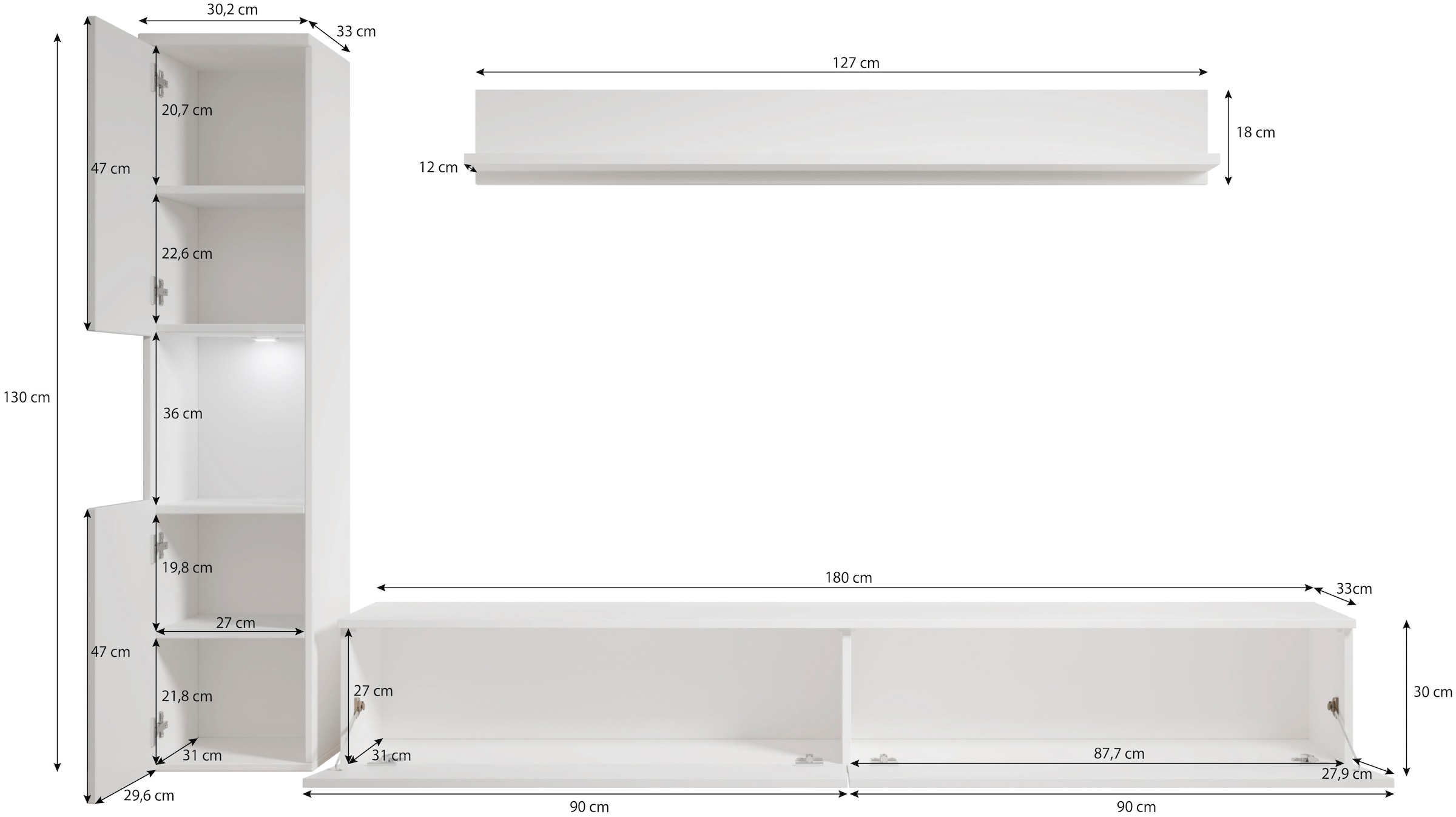 INOSIGN Wohnwand »PARIS, Vitrine Türanschlag links/rechts wechselbar«, (Komplett-Set, 3 St.), grifflose Design, stehend und hängend montierbar