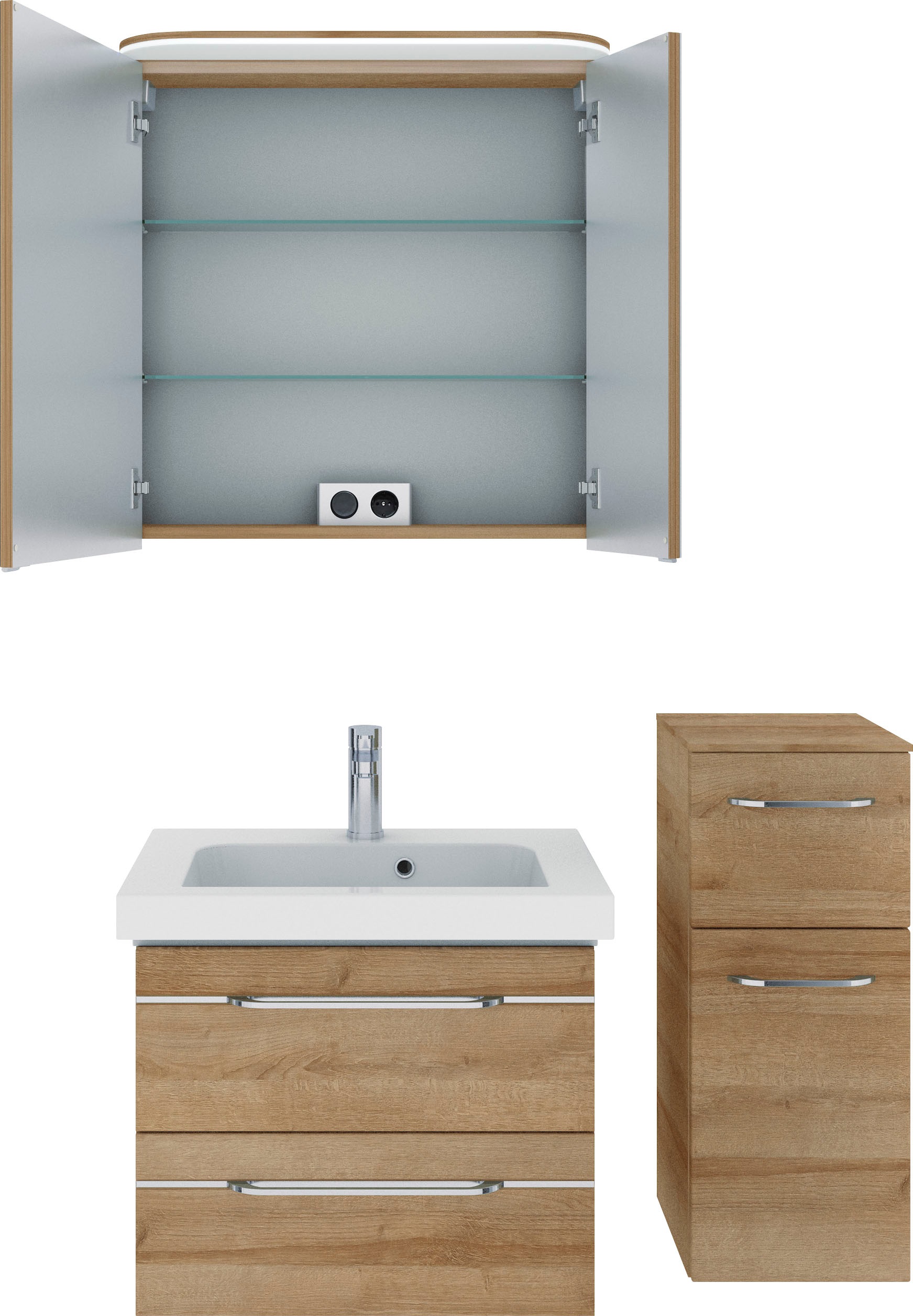 Saphir Badmöbel-Set »Balto Sprint 3-teilig, Mineralmarmor-Waschtisch mit LED-Spiegelschrank«, (4 St.), Badezimmer Set mit Unterschrank inkl Türdämpfer, 3 Türen, 3 Schubladen