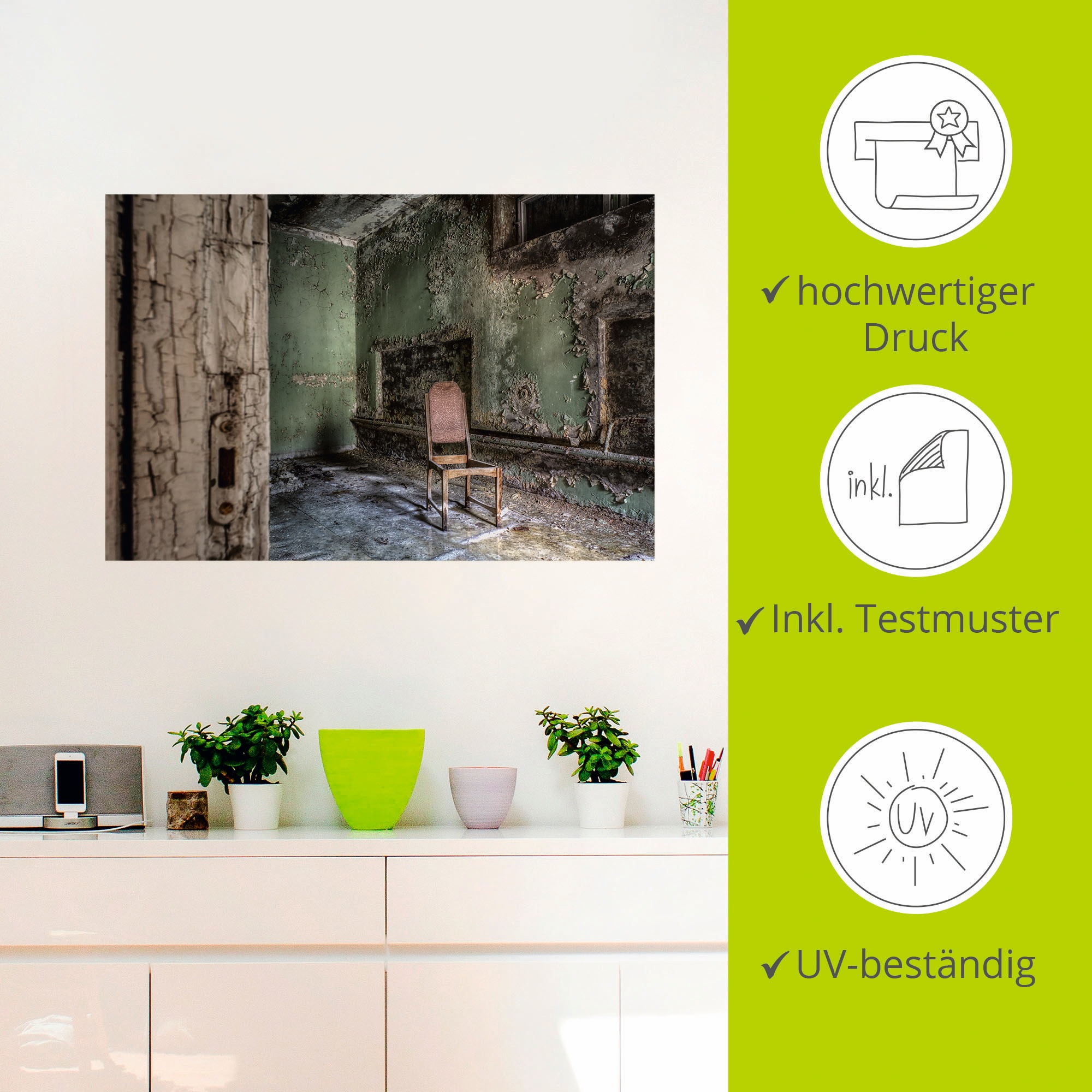 Artland Wandbild »Lost Place - einsamer Stuhl«, Fenster & Türen, (1 St.), als Alubild, Outdoorbild, Leinwandbild, Poster, Wandaufkleber