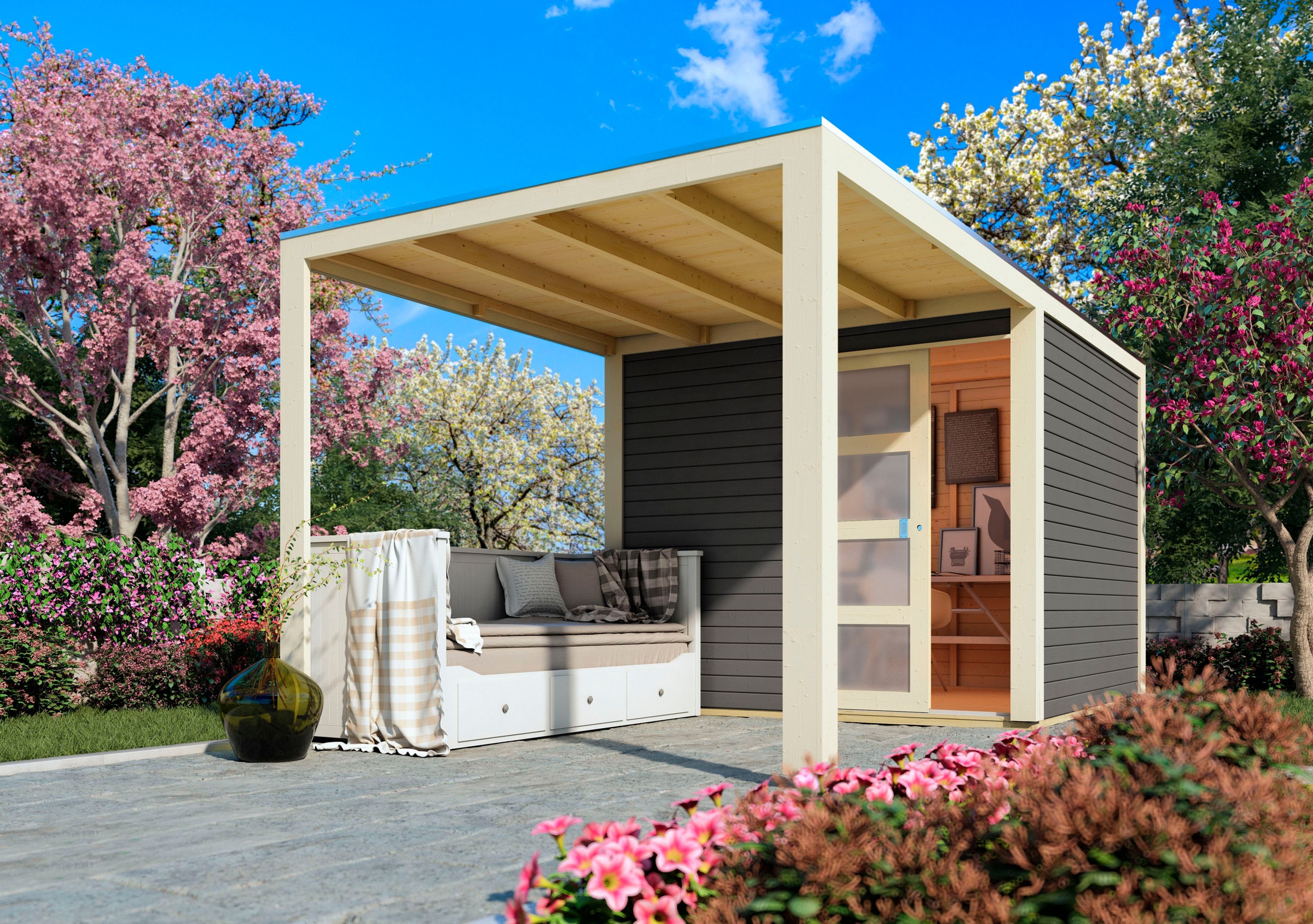 Karibu Gartenhaus "Quellsee 1" mit Anbaudach, naturbelassen oder terragrau günstig online kaufen