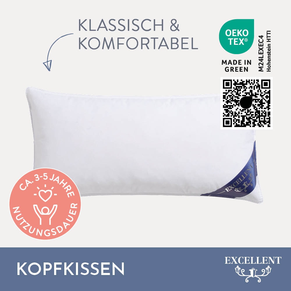 Excellent Federkopfkissen »Zürich, Kopfkissen in 40x80 und 80x80«, Füllung: 70% Federn, 30% Daunen, Bezug: 100% Baumwolle, (1 St.), allergikerfreundliches Kissen mit Daunenanteil