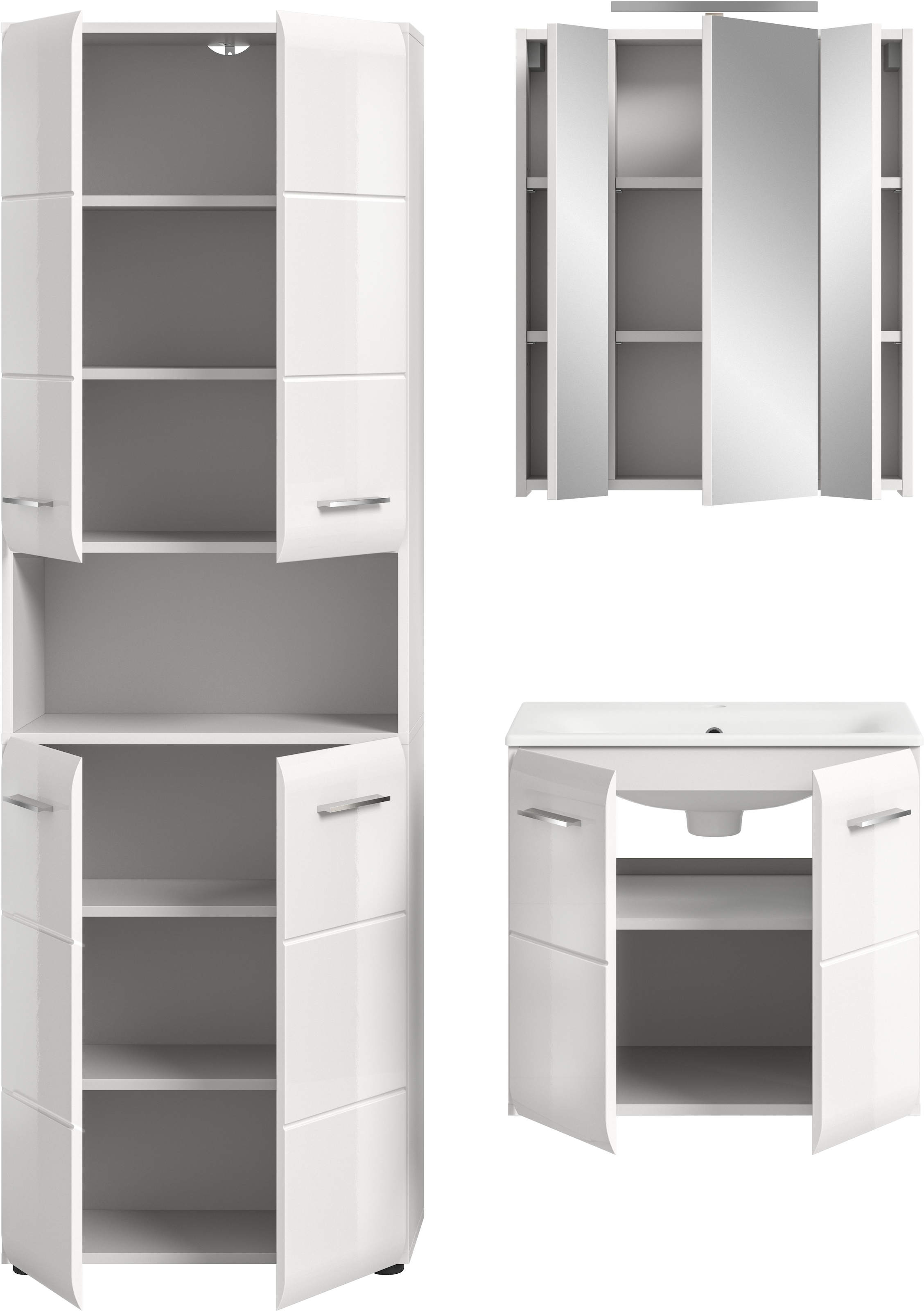 INOSIGN Badezimmer-Set, (Set, 5 St.), Florenz, Badkombination 5-tlg,Weiß hochgl. inkl. Waschbecken+Bel.