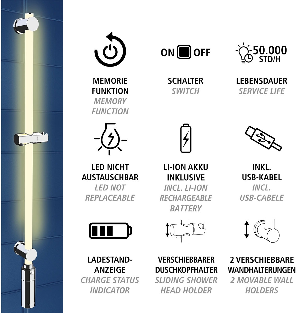 WENKO Duschstange »Brausestange mit LED Beleuchtung«, RGB-Farbwechsel und Warmweiß, inkl. wiederaufladbarer Einheit