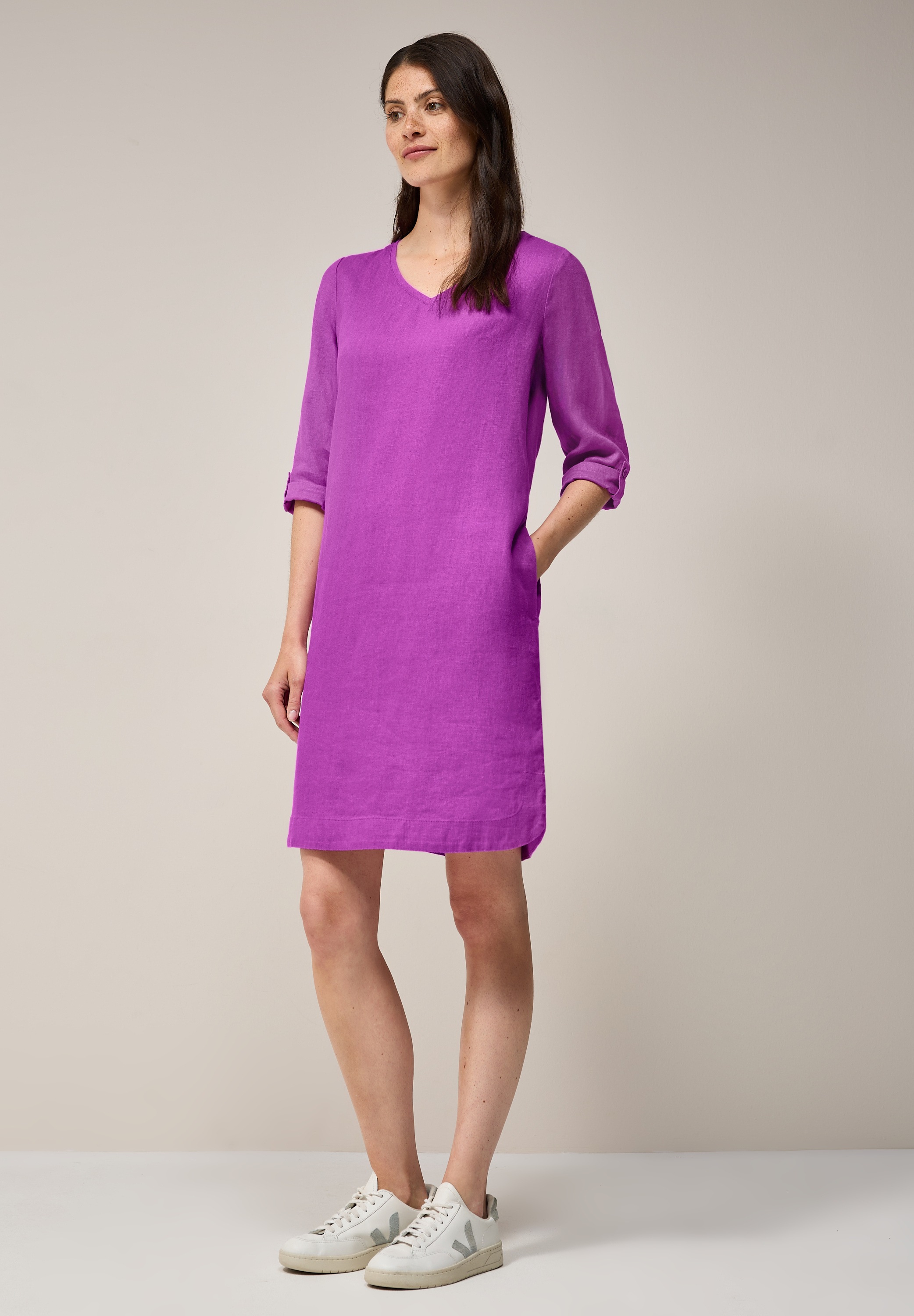 Sommerkleid CECIL, Damen, Gr. XXL46, US-Größen, magenta lacquer, Stoff, 100% Leinen, unifarben, normal kniefrei, V-Ausschnitt, Bündchen, Kleider Sommerkleid, mit Turn-Up Funktion