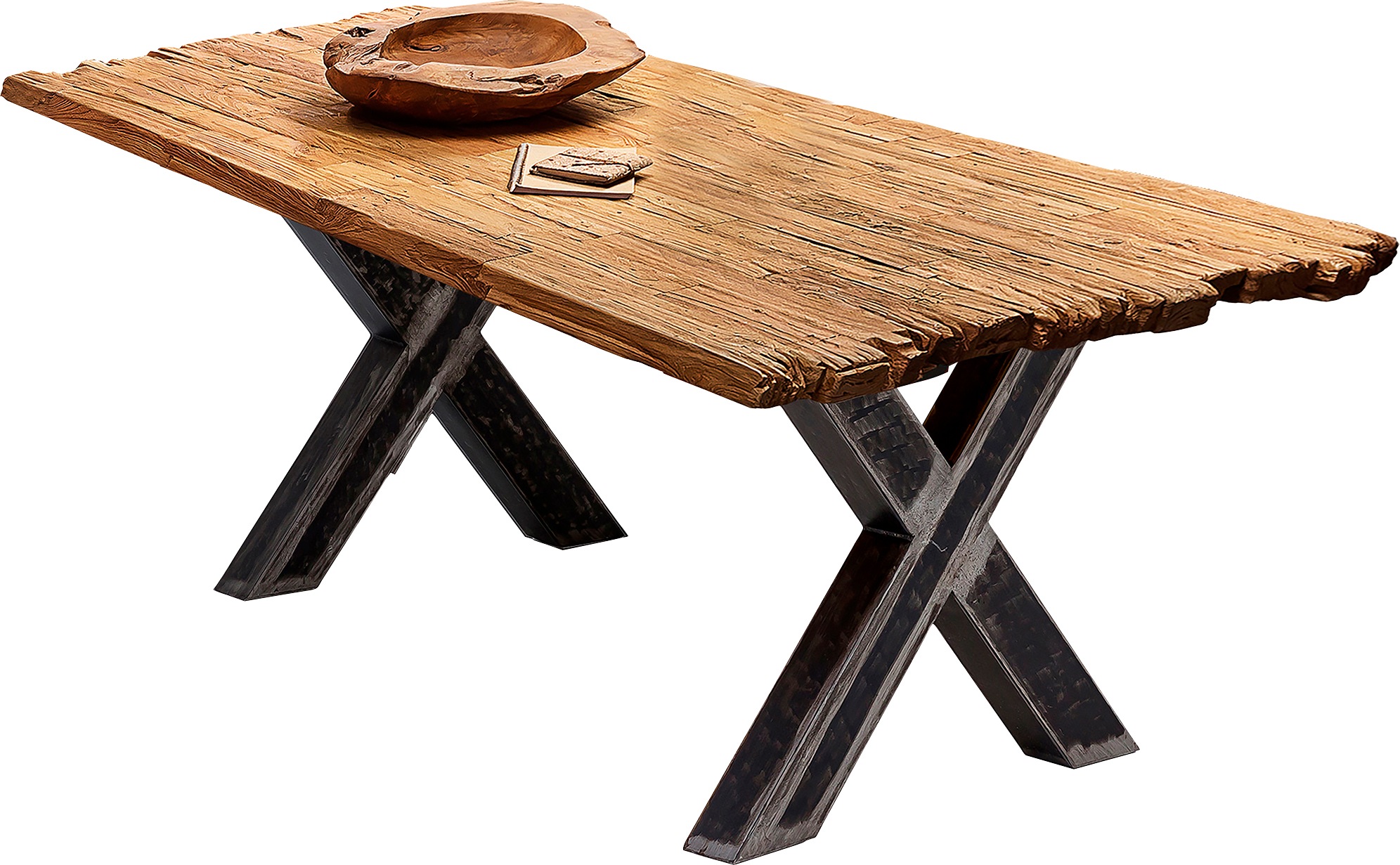 SIT Esstisch "Avola aus recyceltem Teak mit 50-mm-Platte & X-Gestell" 50-mm-Teakplatte mit gewollten Bruchkanten an den kurzen Seiten